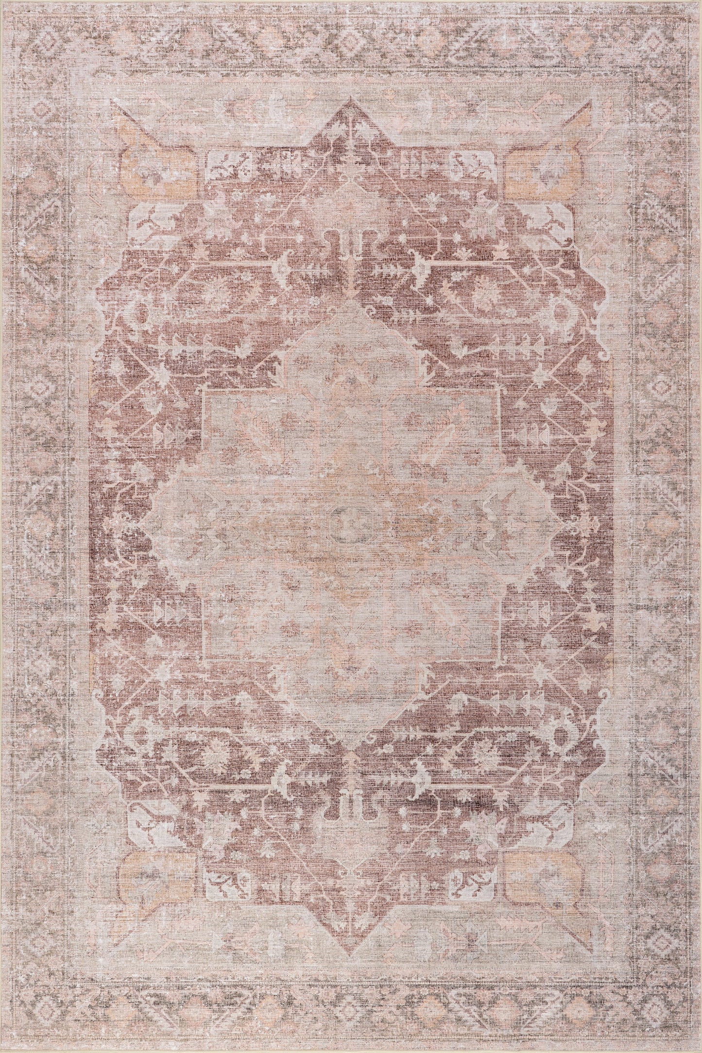 Isolated view of Pale Pink Round Ava Vintage Persian Spill Proof Washable Rug, showcasing its design