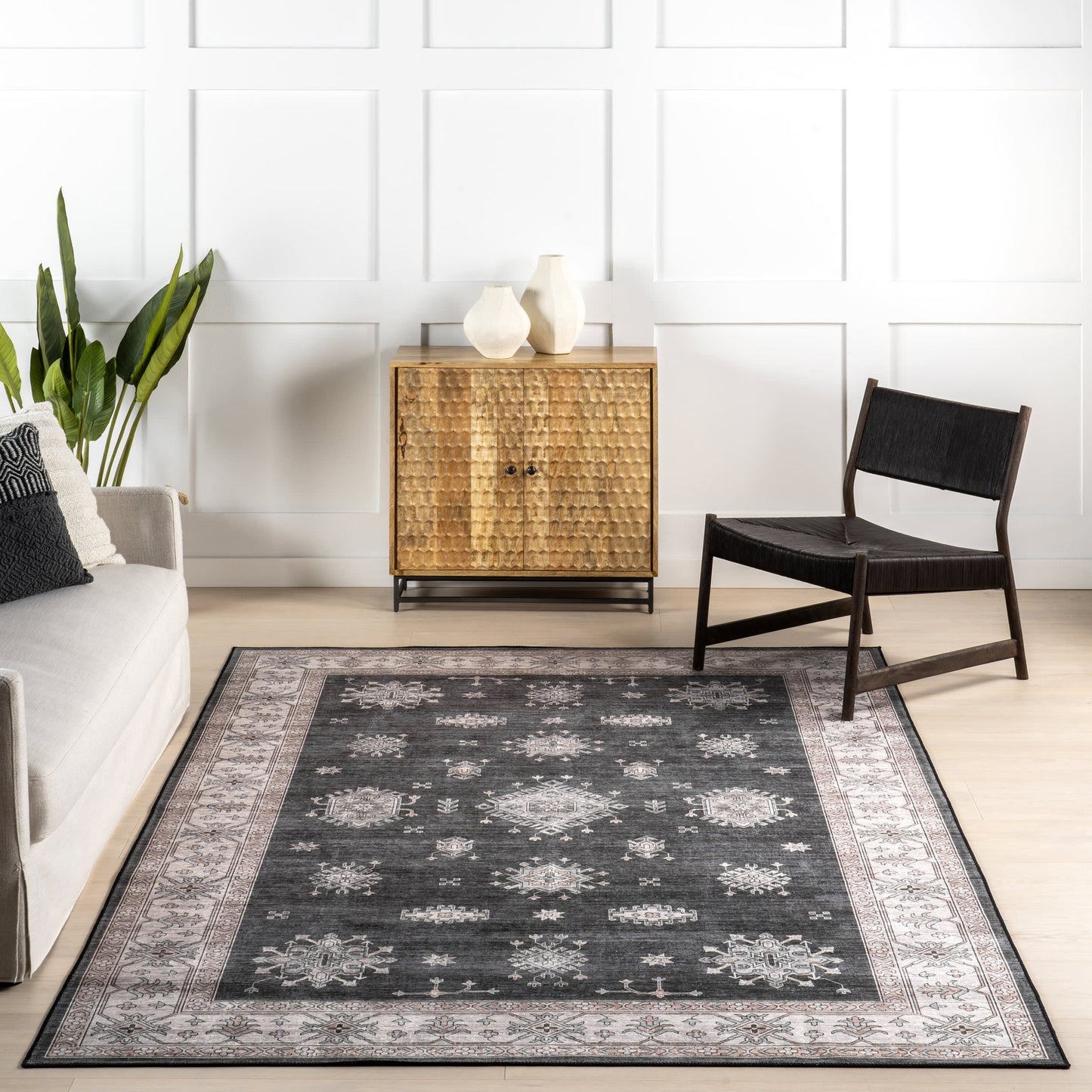 Andrea Bordered Stain Resistant Washable Rug in Charcoal