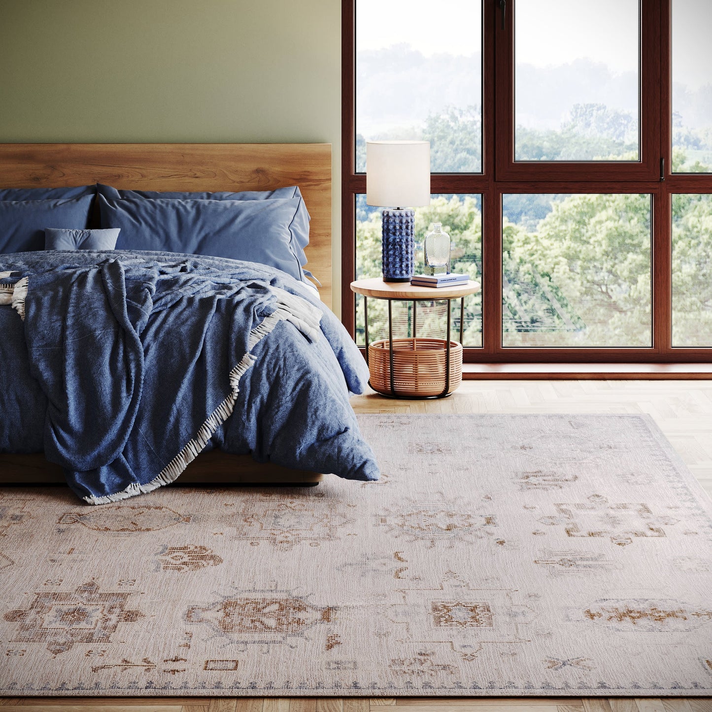 Brenda Hazy Heraldry Stain Resistant Washable Rug | Beige