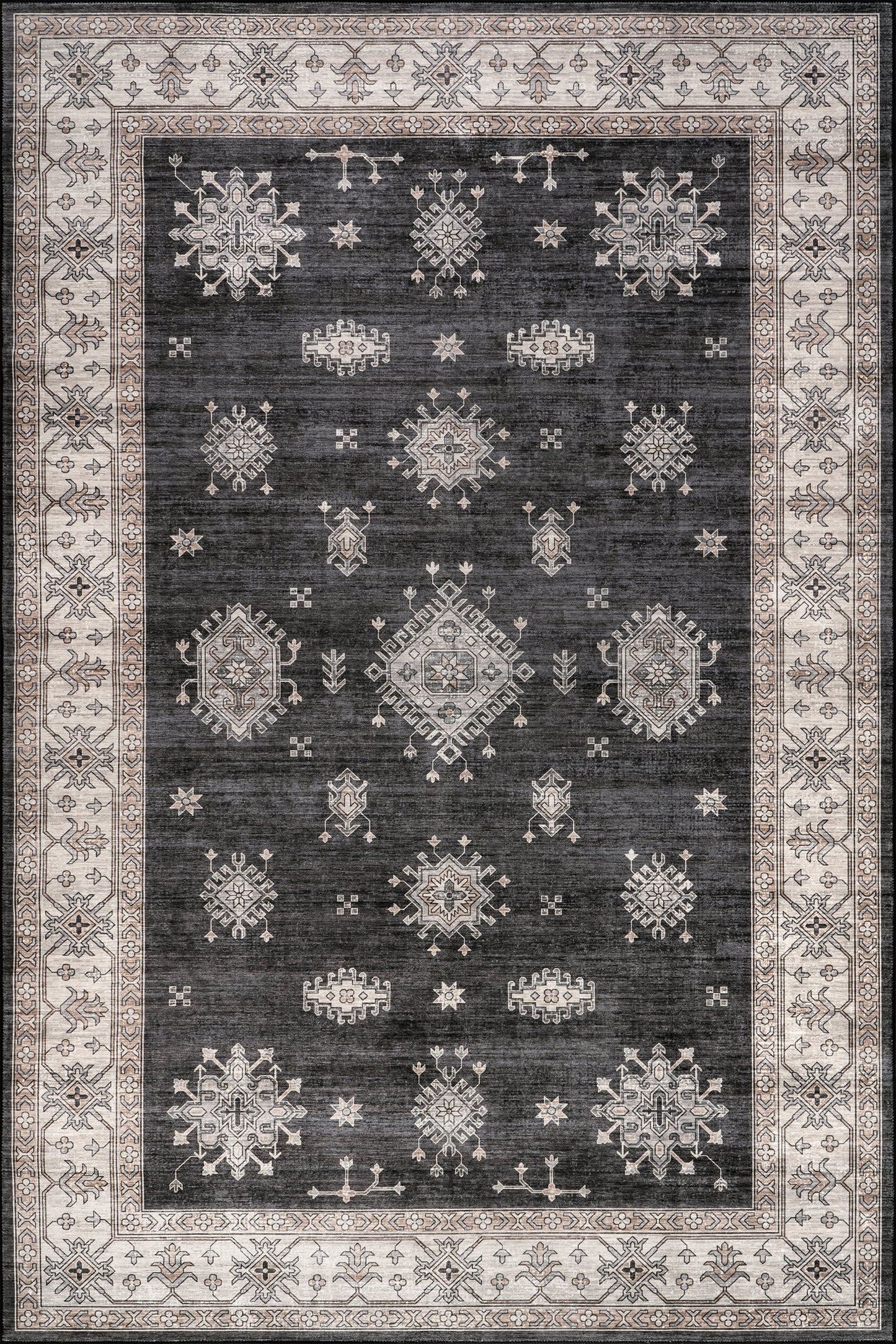 Isolated view of Charcoal Rectangle Andrea Bordered Spill Proof Washable Rug, showcasing its design