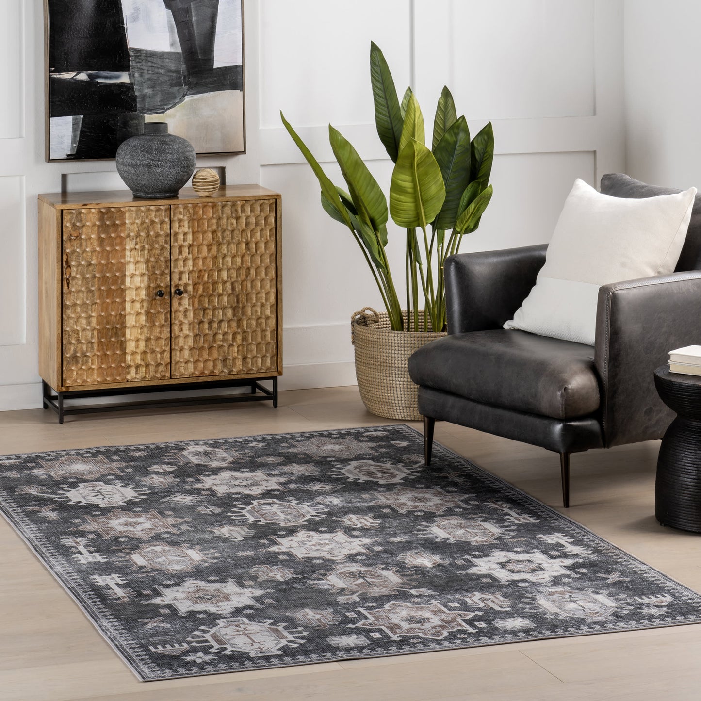 Brenda Hazy Heraldry Spill-Resistant Washable Rug | Dark Grey