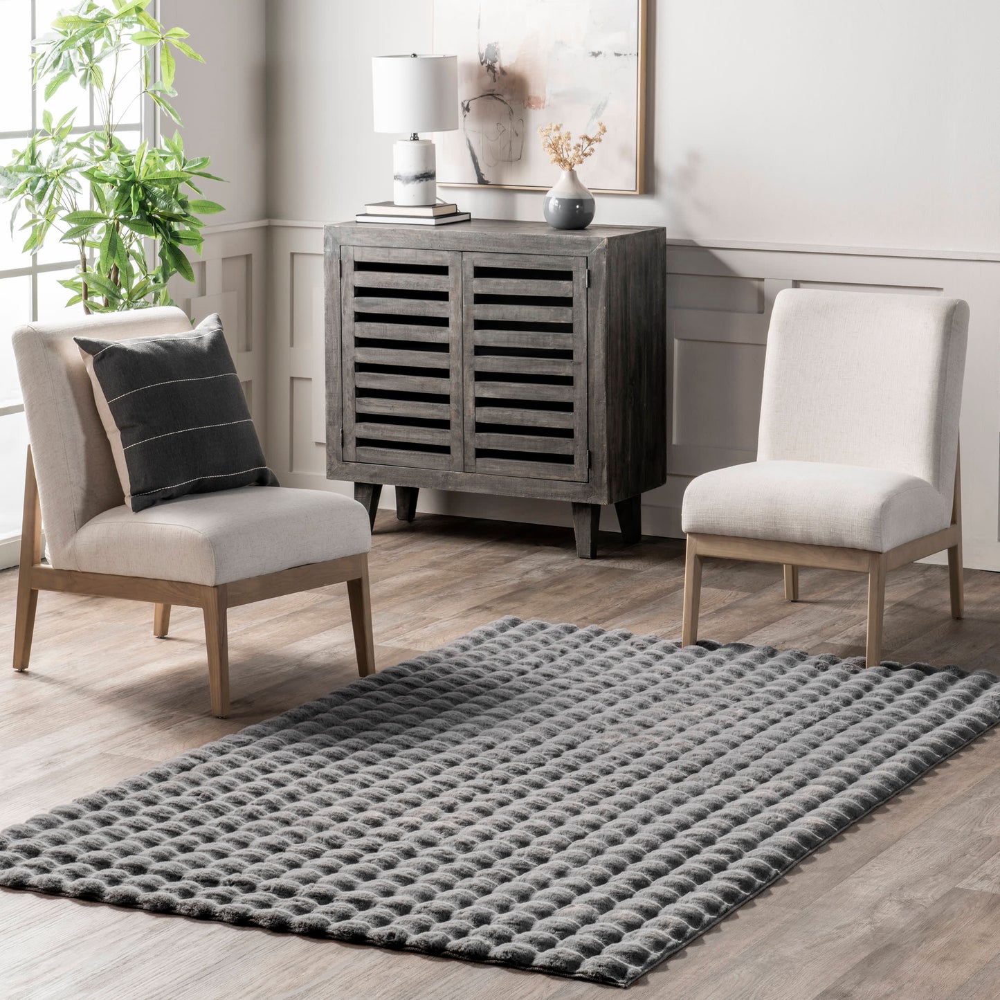 Ivana Dark Grey Checkered Plush Washable Rug