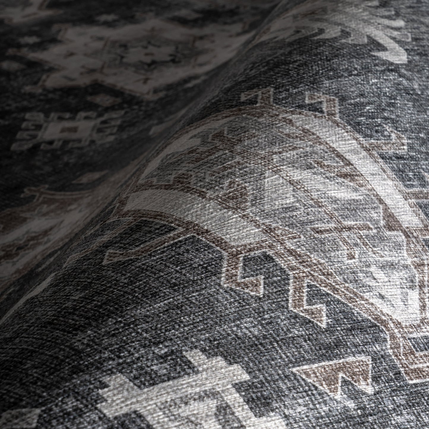 Brenda Hazy Heraldry Spill-Resistant Washable Rug | Dark Grey