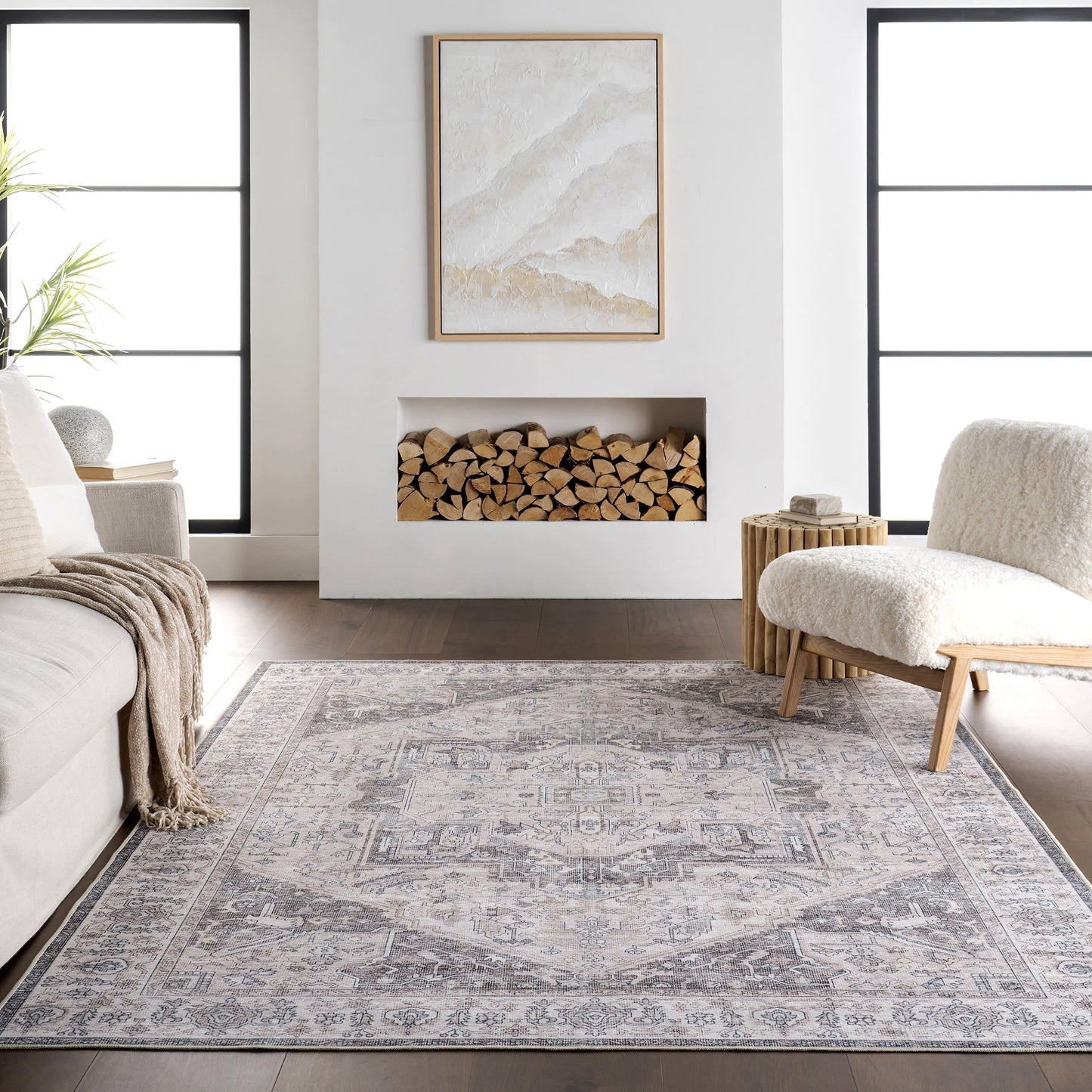 Atrium Medallion Spill-Resistant Washable Rug in Brown