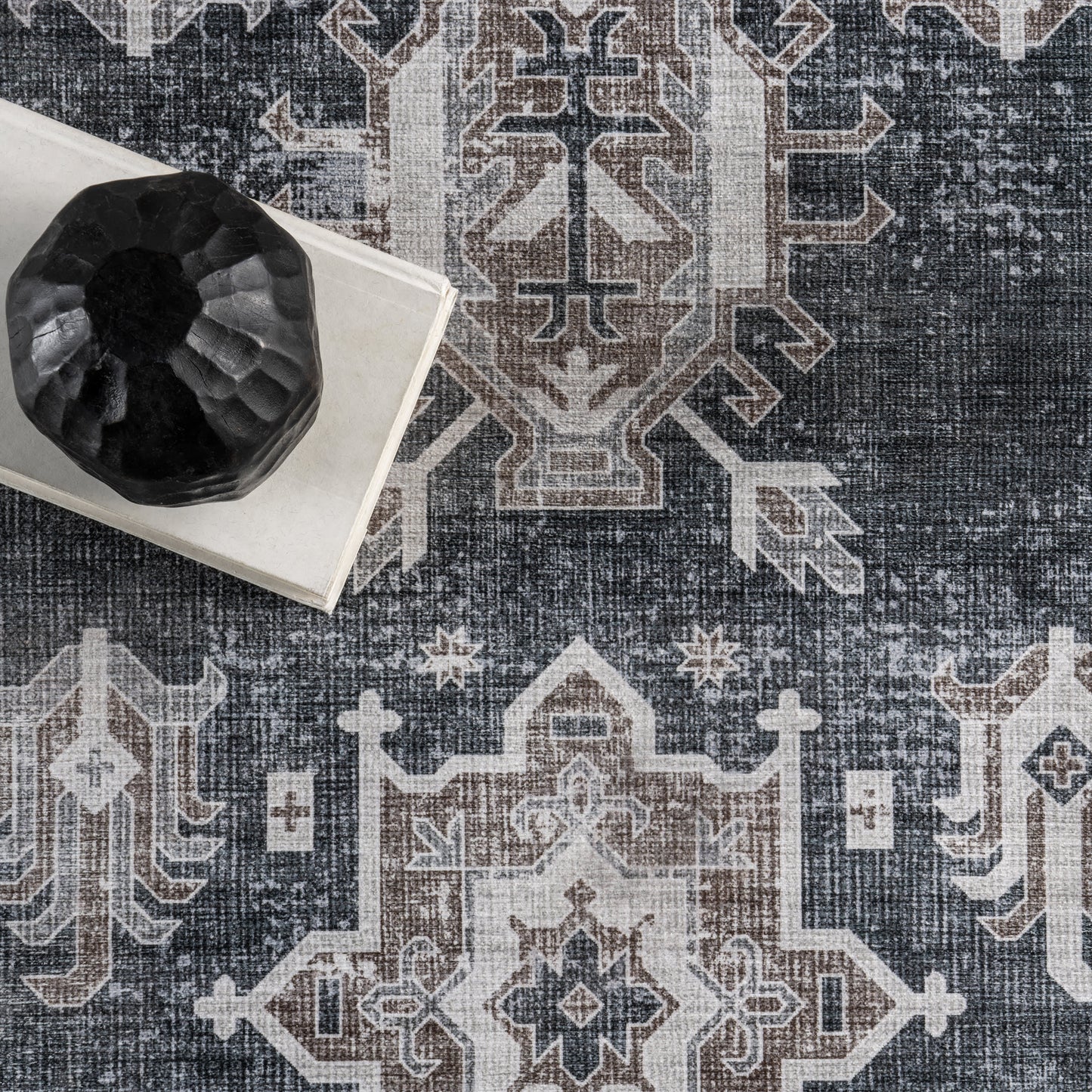Brenda Hazy Heraldry Spill-Resistant Washable Rug | Dark Grey