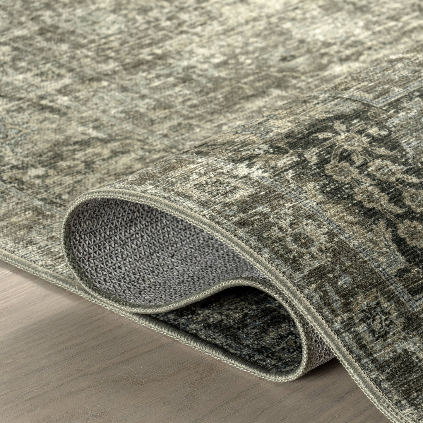 Bayberry Vintage Washable Rug in Green Grey | Spill-Proof Design