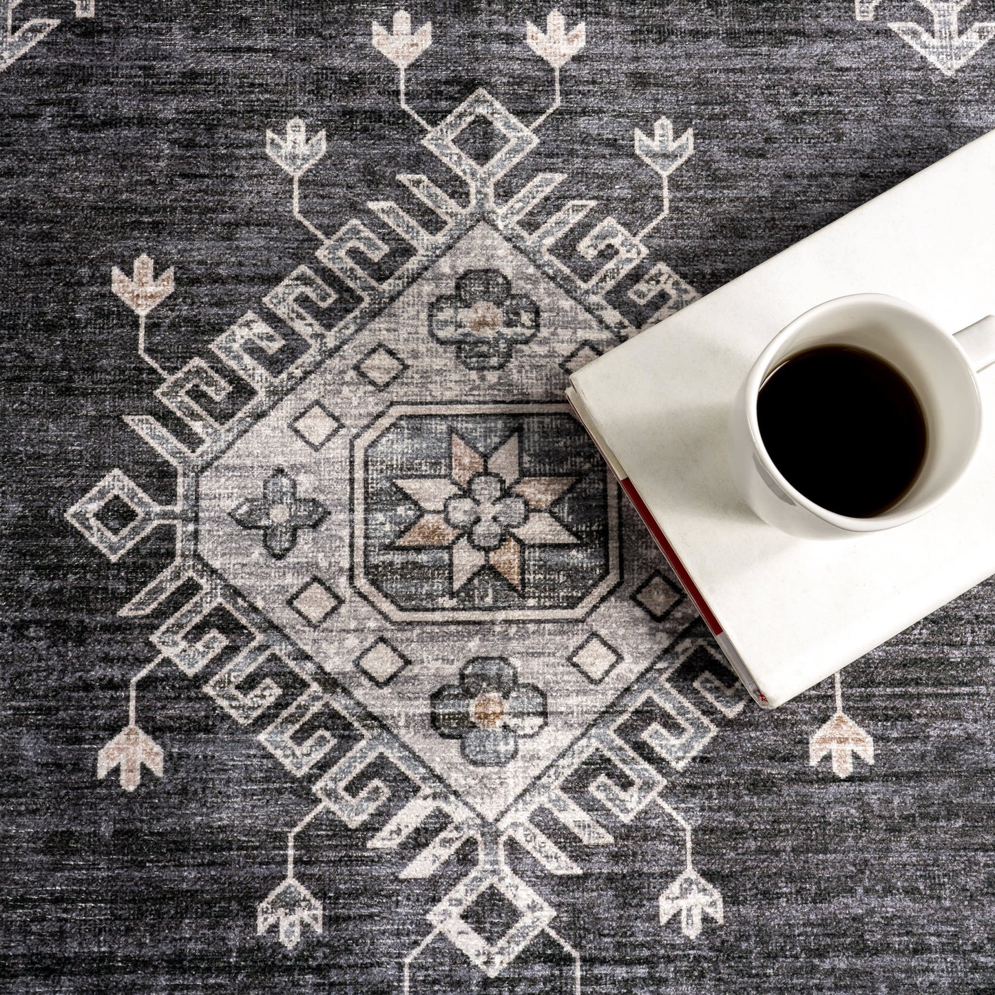 Andrea Bordered Stain Resistant Washable Rug in Charcoal
