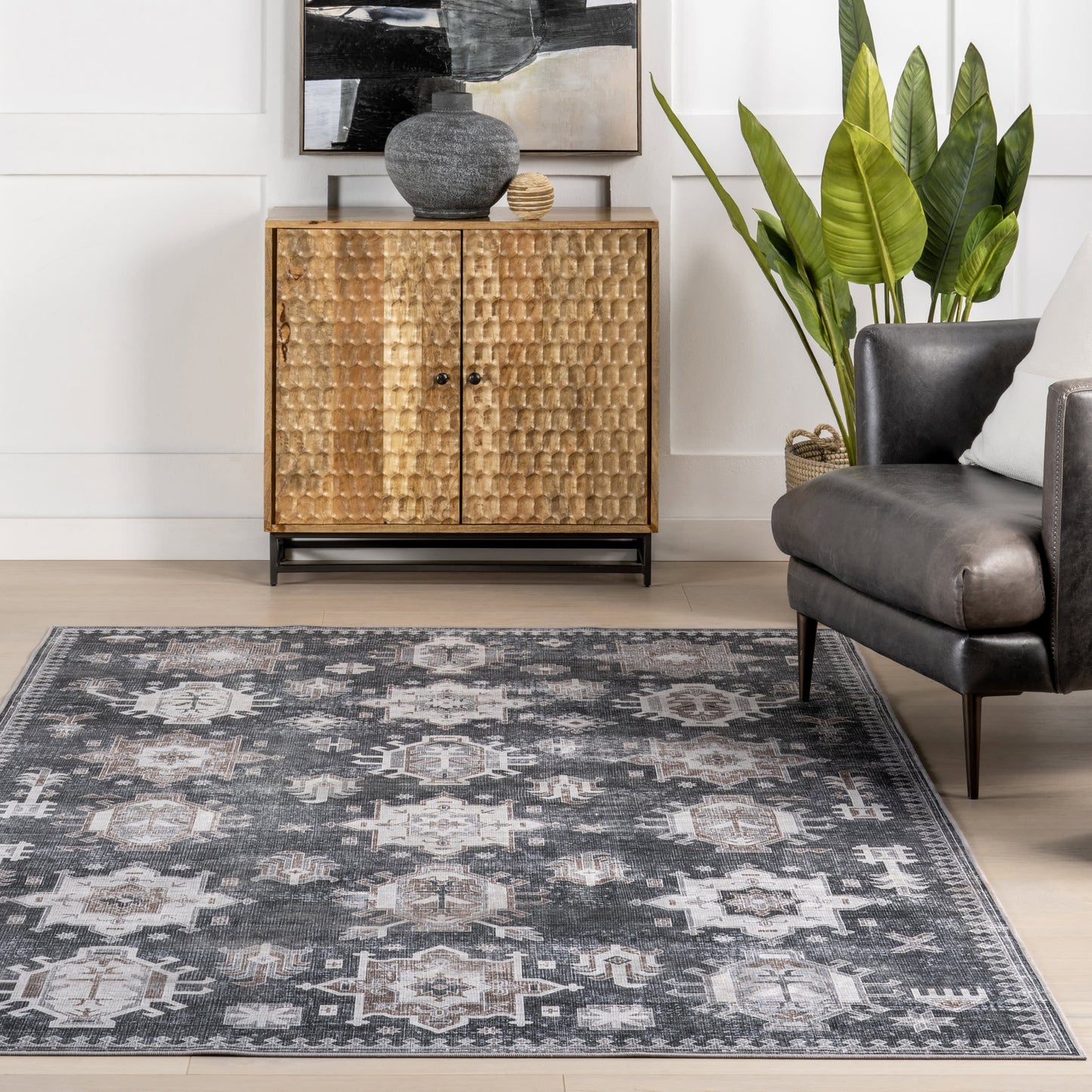 Brenda Hazy Heraldry Spill-Resistant Washable Rug | Dark Grey