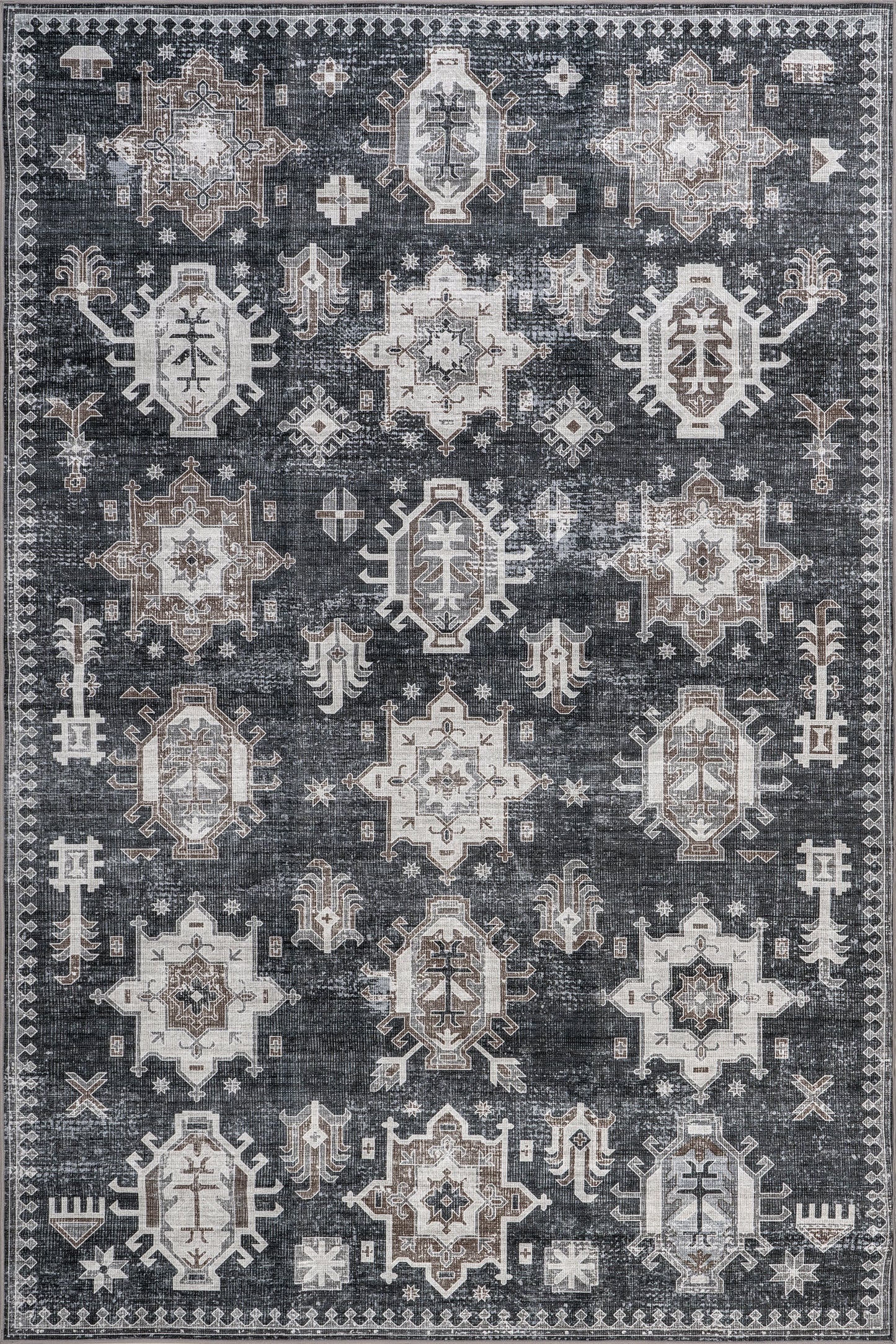 Isolated view of Dark Grey Rectangle Brenda Hazy Heraldry Spill Proof Washable Rug, showcasing its design
