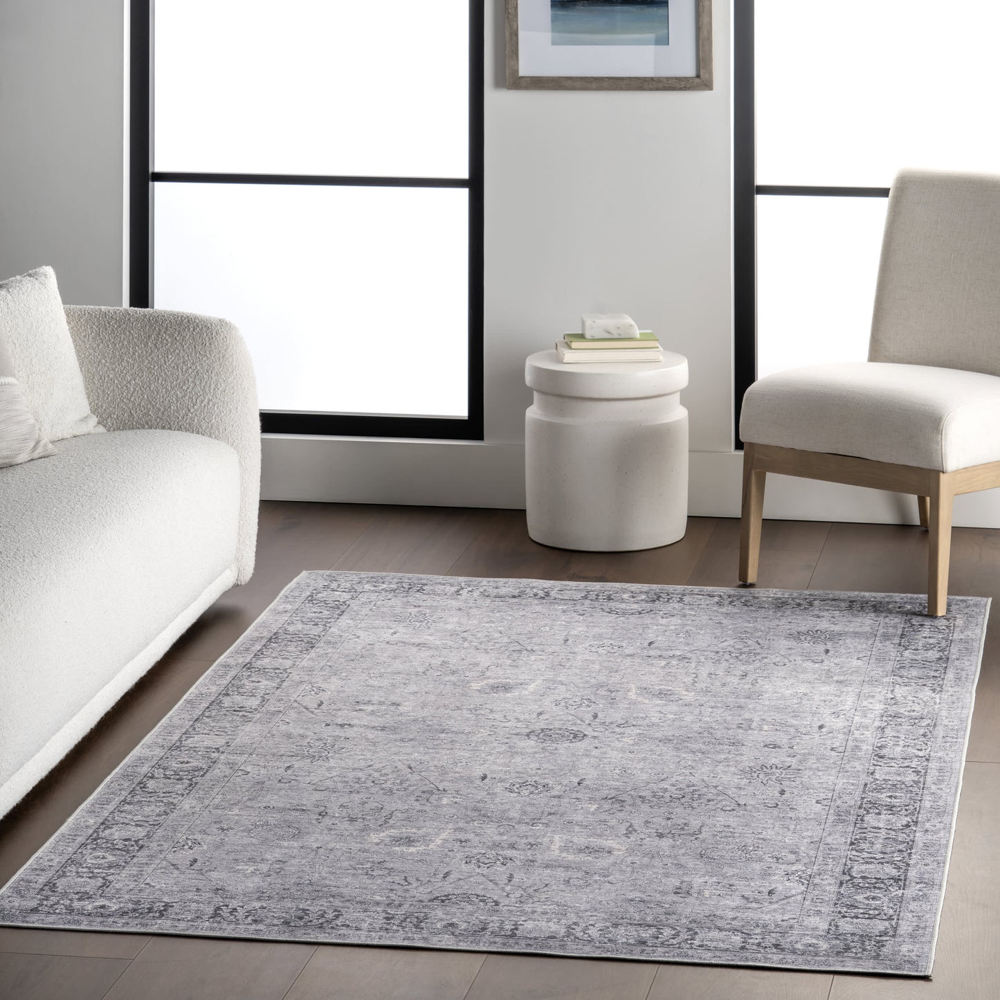 Bayberry Vintage Washable Rug in Light Grey | Spill Proof