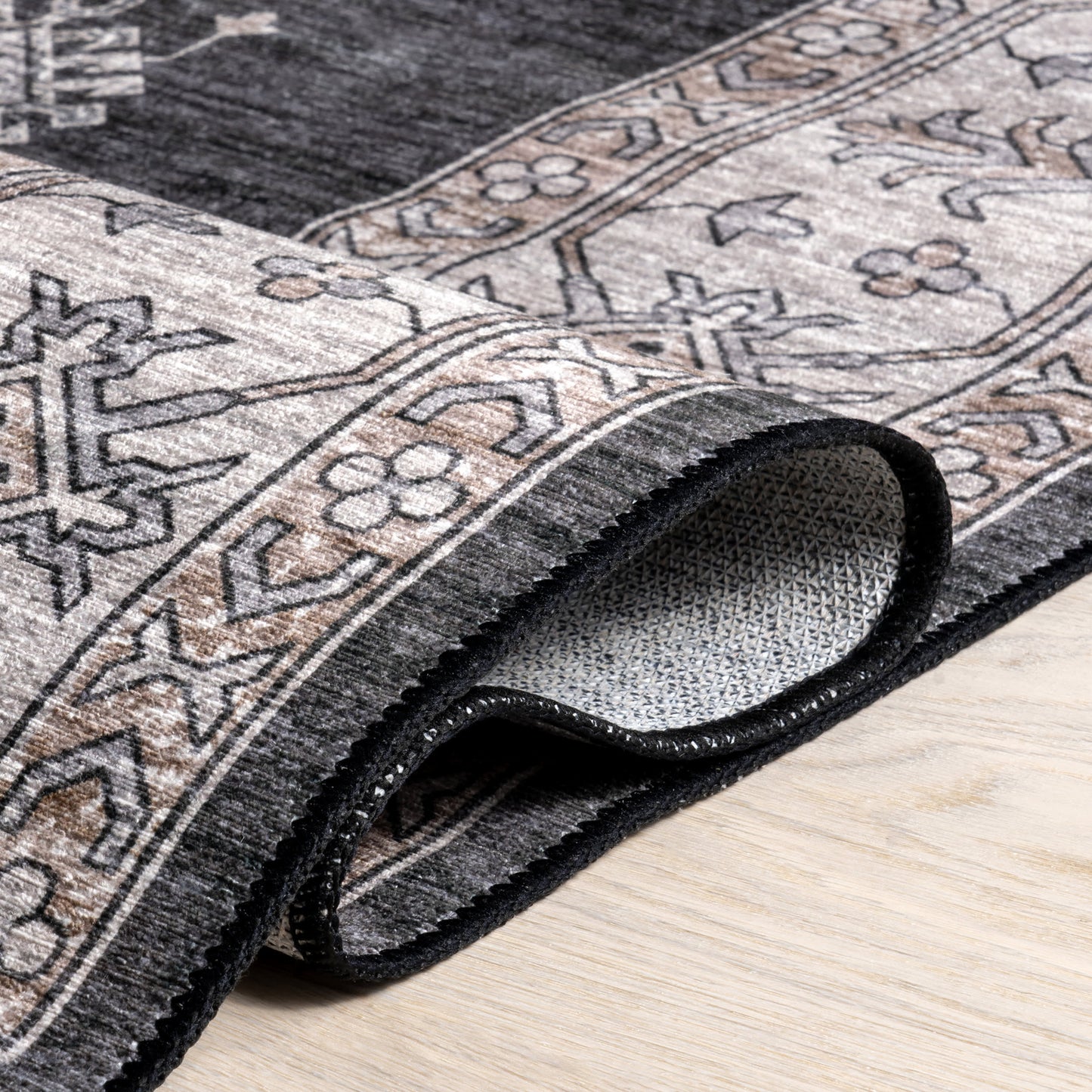 Andrea Bordered Stain Resistant Washable Rug in Charcoal