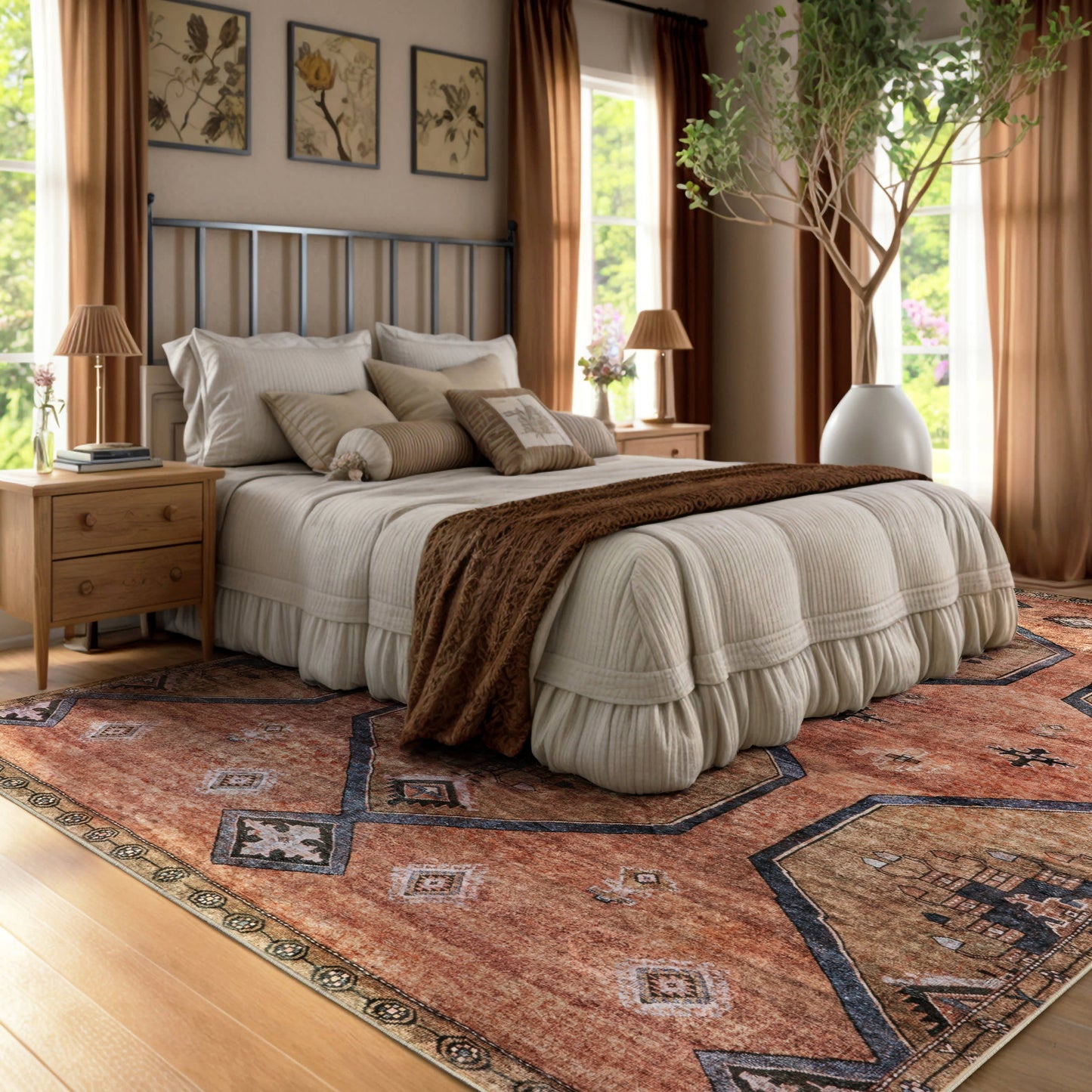 Katana Collage Durable Washable Rug in Rust Color