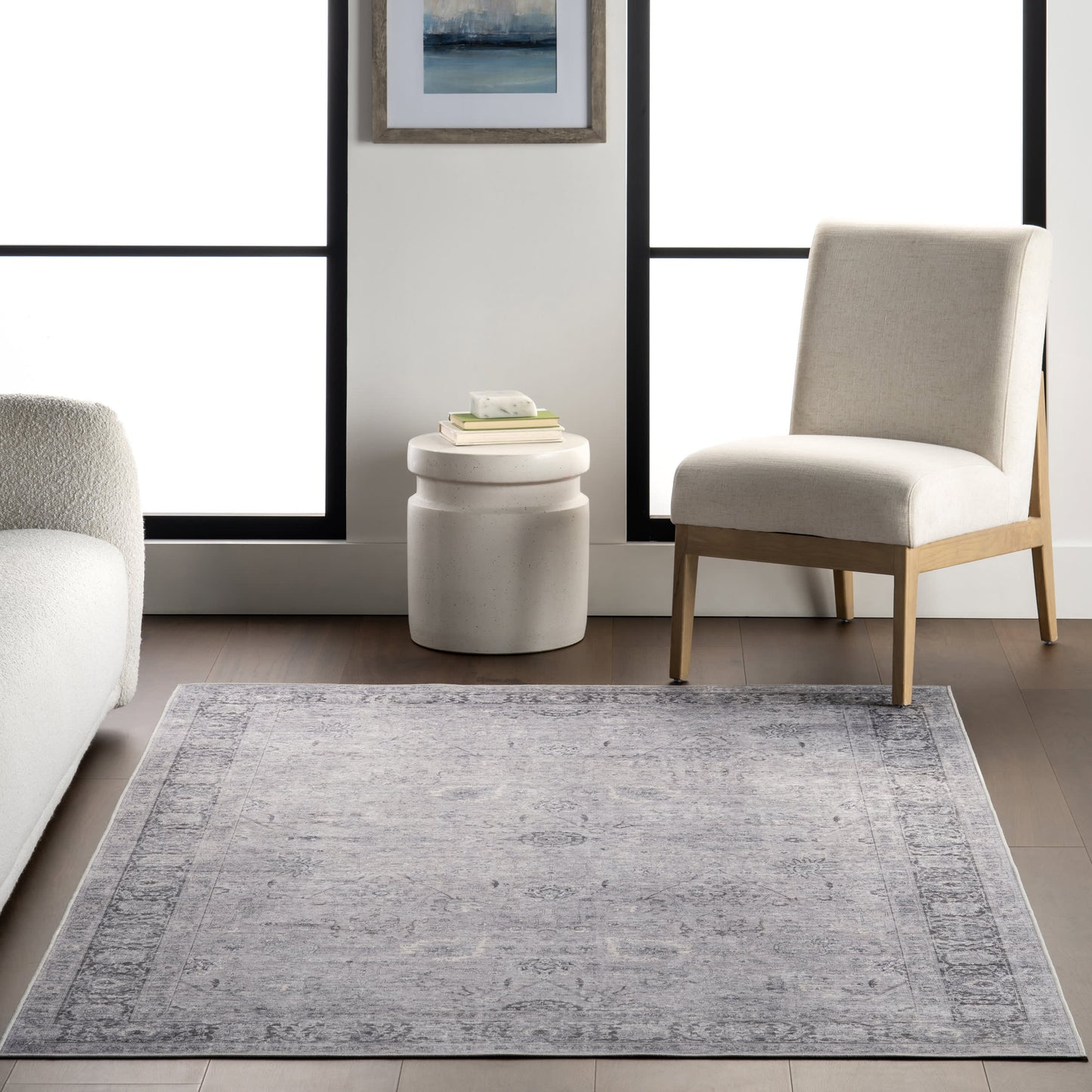 Bayberry Vintage Washable Rug in Light Grey | Spill Proof