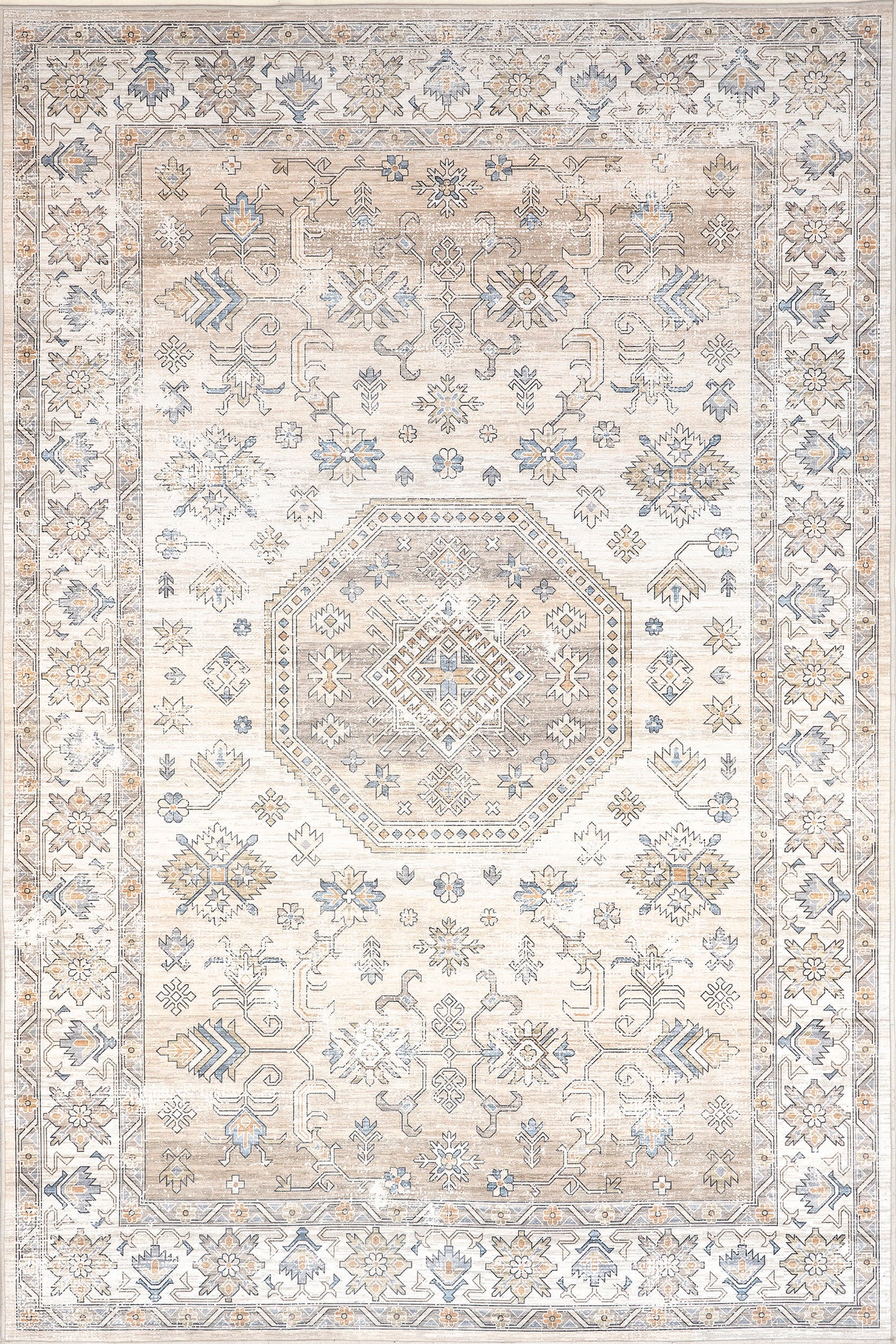 Isolated view of Beige Rectangle Timeless Charm Spill Proof Washable Rug, showcasing its design