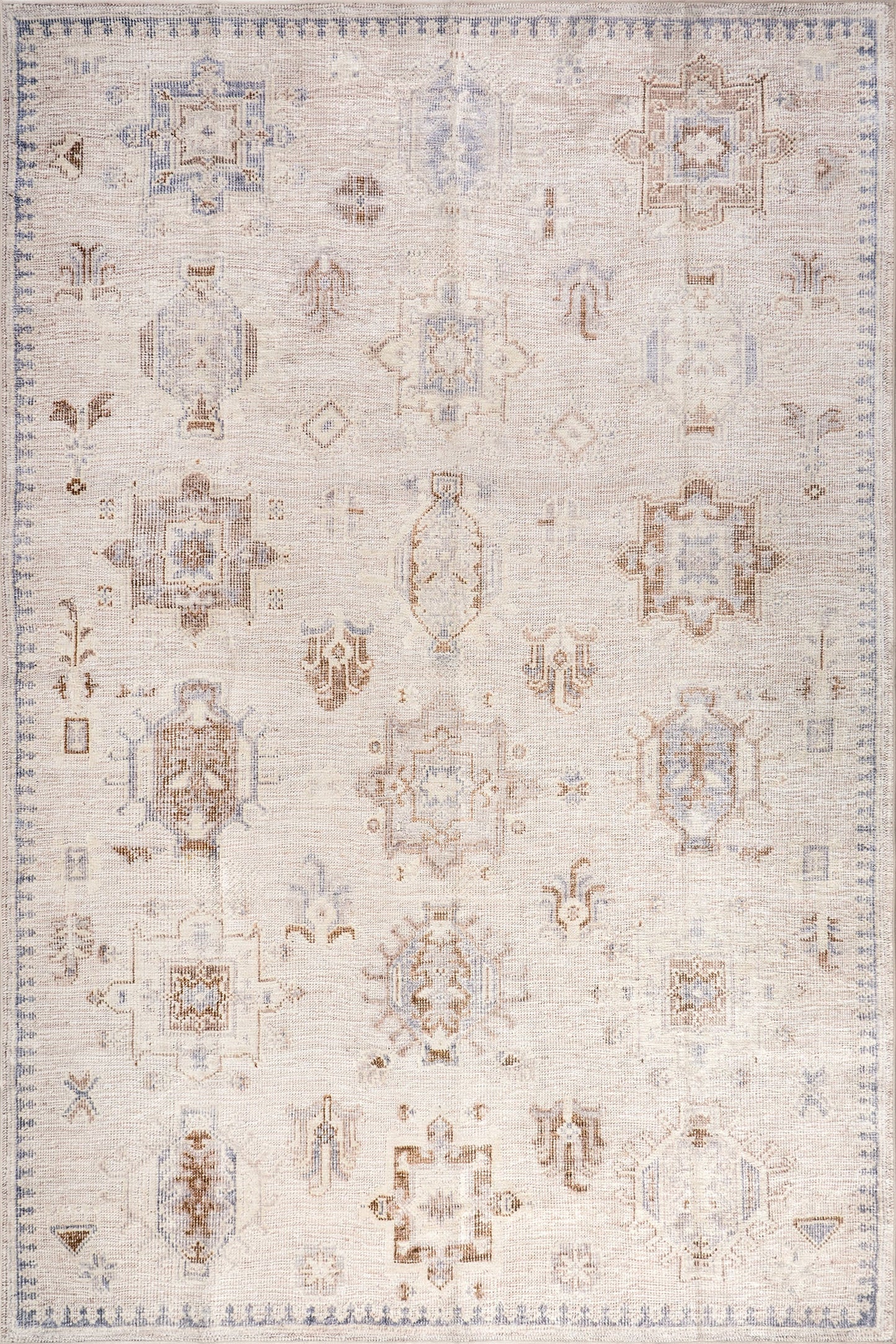 Isolated view of Beige Round Brenda Hazy Heraldry Spill Proof Washable Rug, showcasing its design