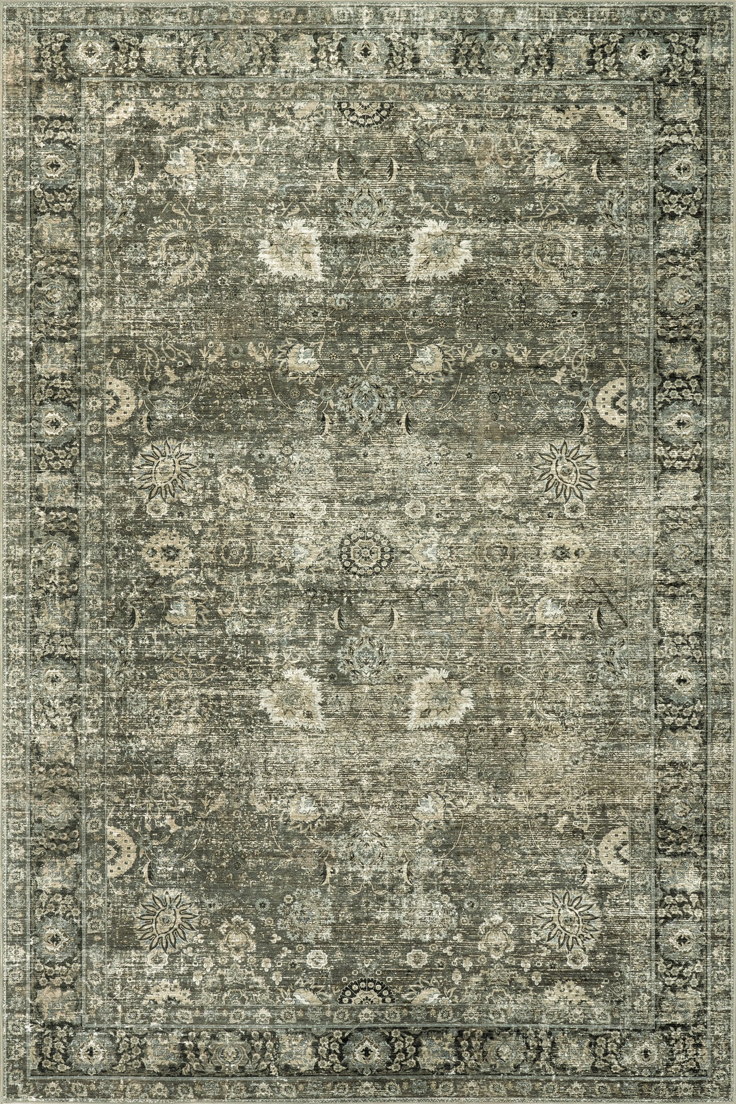 Isolated view of Green Grey Rectangle Bayberry Spill Proof Vintage Washable Rug, showcasing its design