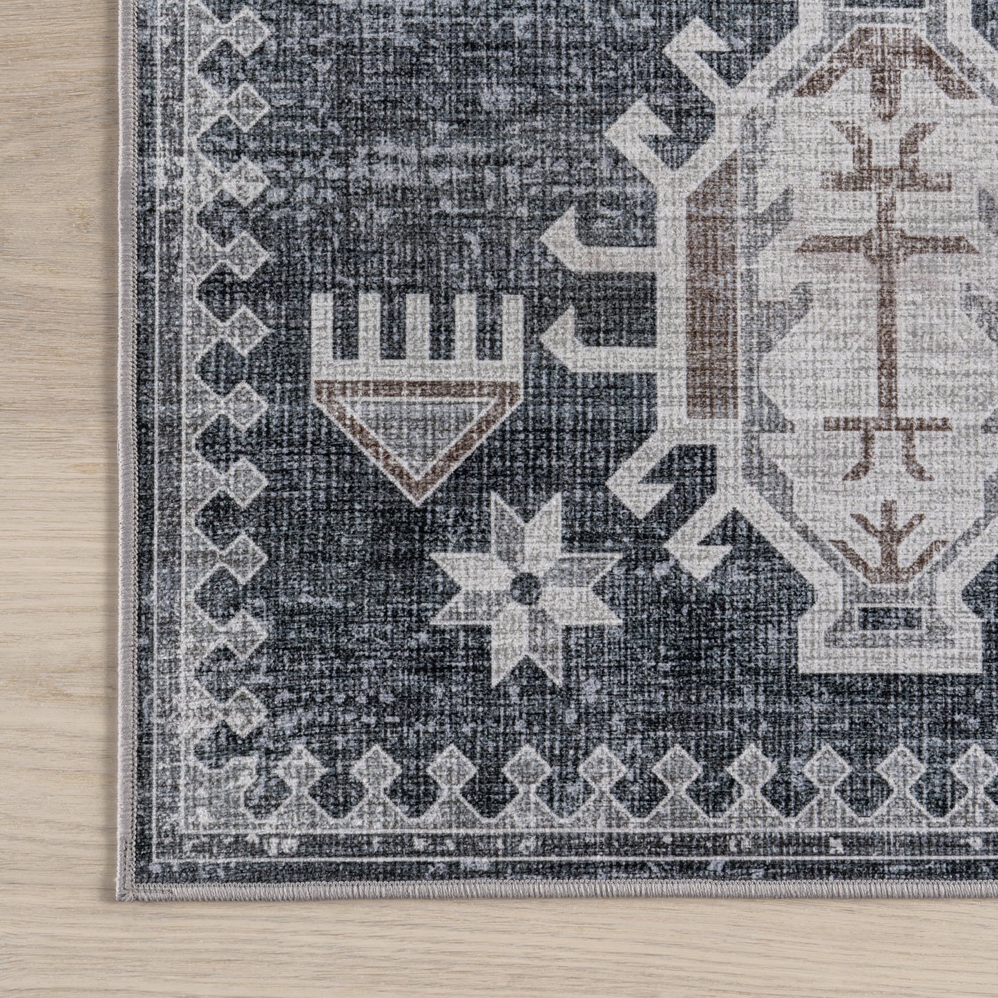 Brenda Hazy Heraldry Spill-Resistant Washable Rug | Dark Grey