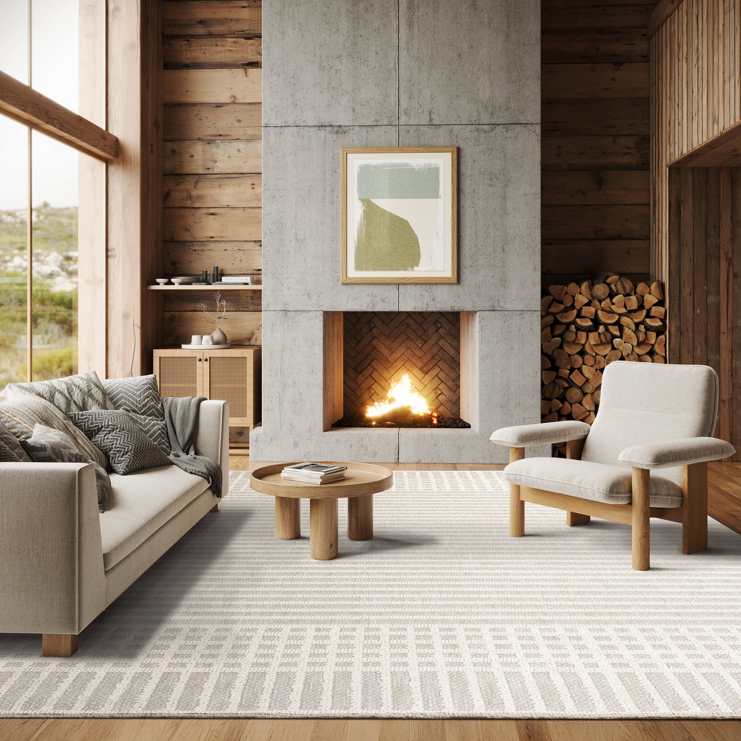Fredrika Geometric Pattern Washable Rug in Light Grey