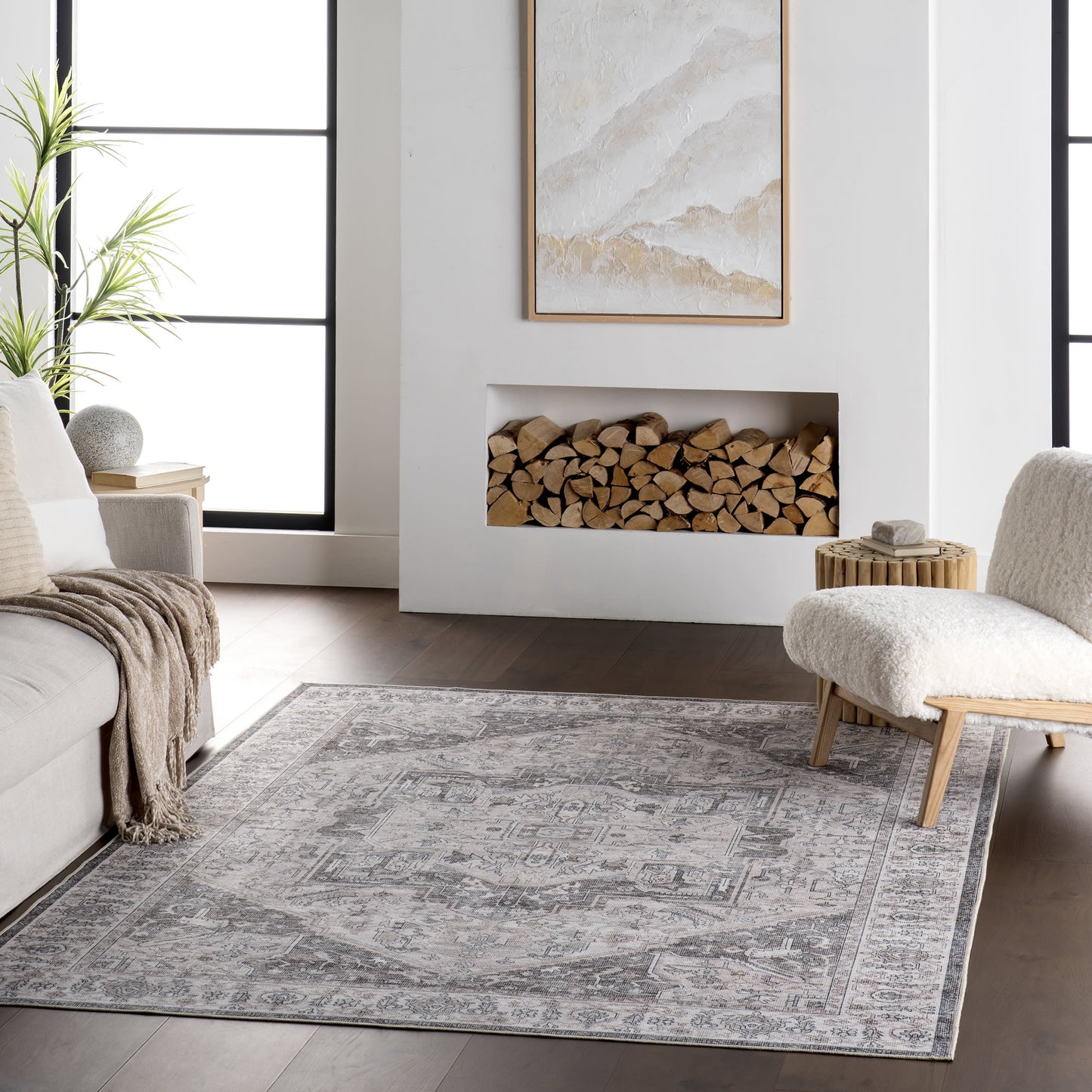 Atrium Medallion Spill-Resistant Washable Rug in Brown