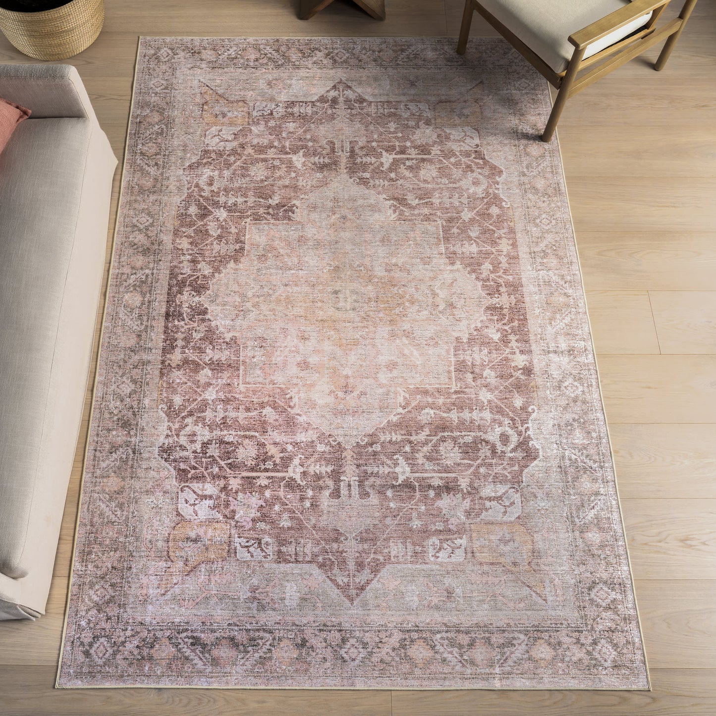 Ava Vintage Persian Spill-Resistant Washable Rug | Pale Pink