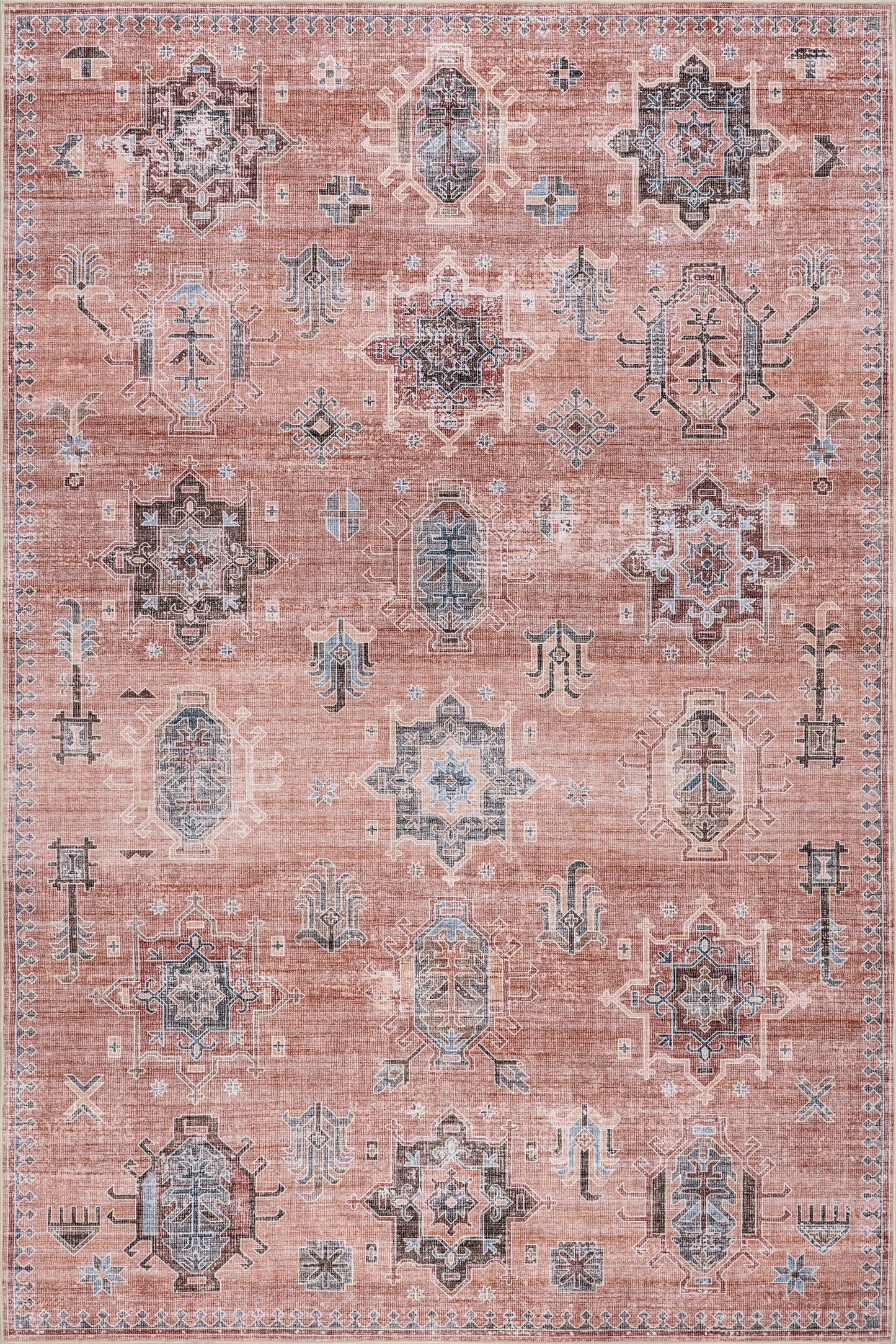 Isolated view of Pink Rectangle Brenda Hazy Heraldry Spill Proof Washable Rug, showcasing its design