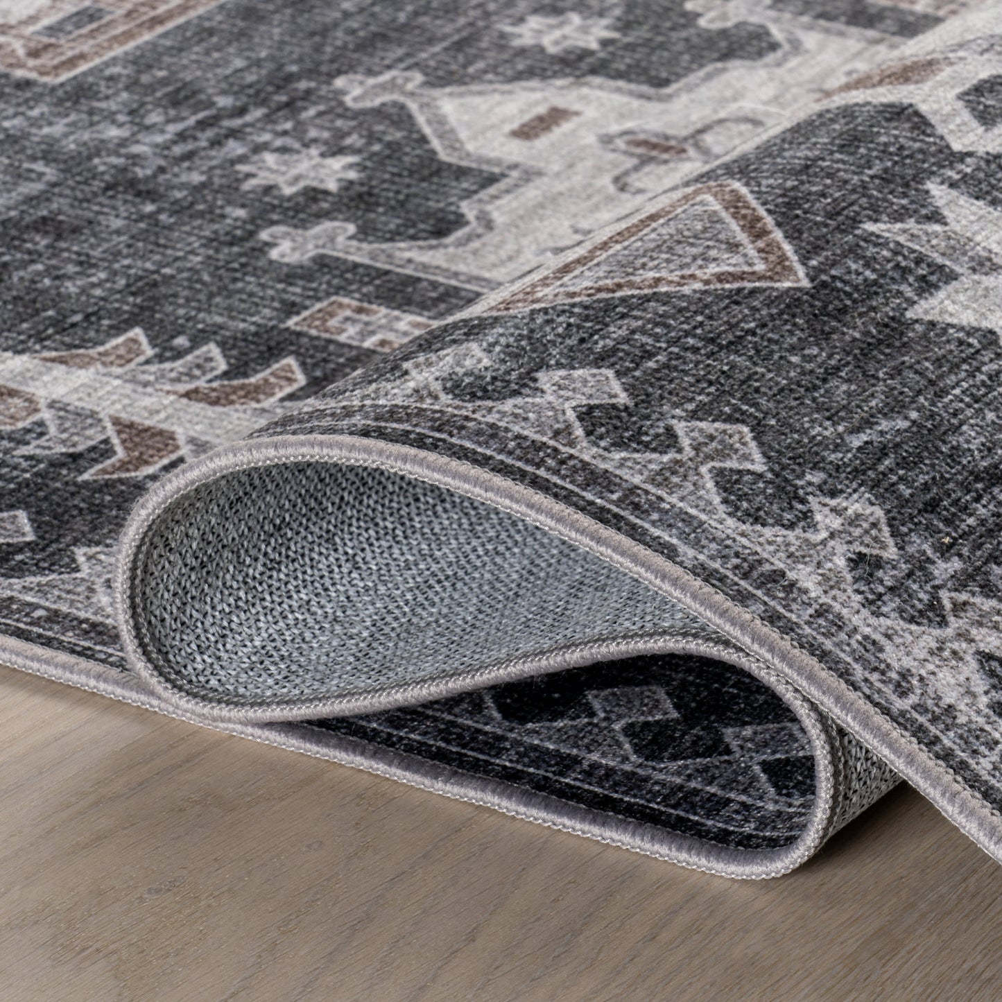 Brenda Hazy Heraldry Spill-Resistant Washable Rug | Dark Grey
