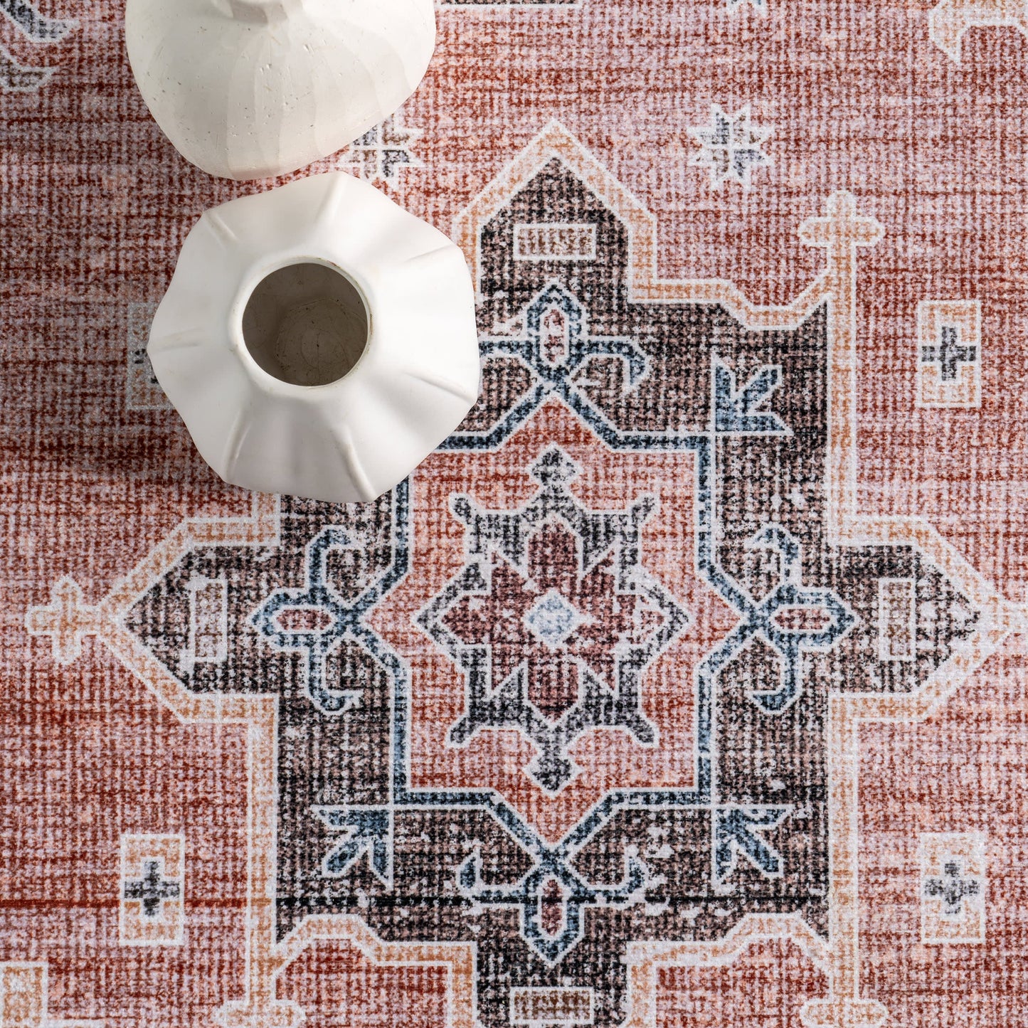 Brenda Hazy Heraldry Spill-Resistant Washable Rug in Pink