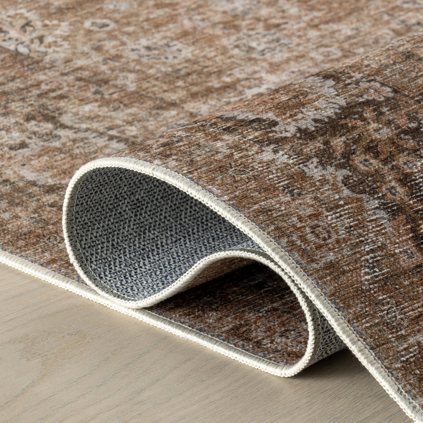 Bayberry Vintage-Style Washable Rug in Light Brown | Spill-Proof