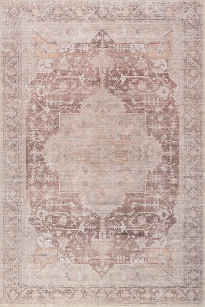 Isolated view of Pale Pink Round Ava Vintage Persian Spill Proof Washable Rug, showcasing its design