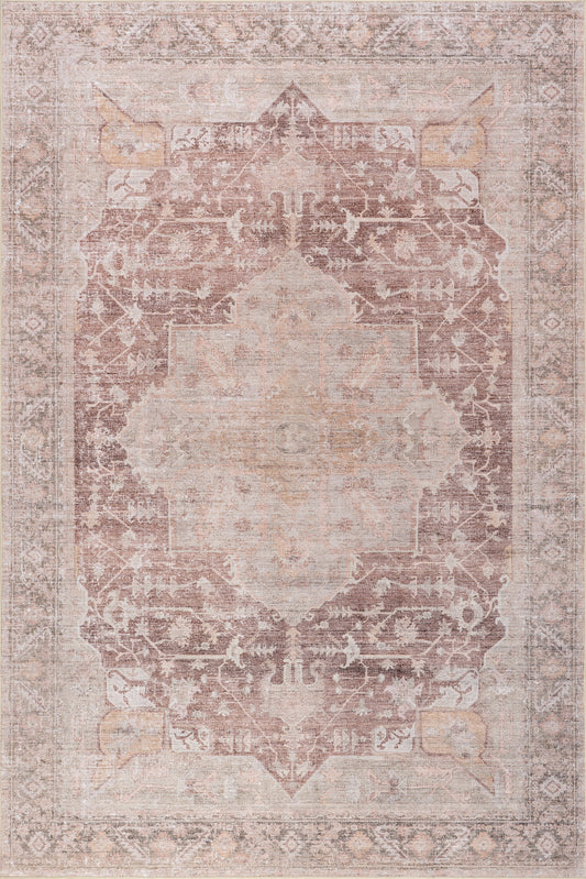 Isolated view of Pale Pink Round Ava Vintage Persian Spill Proof Washable Rug, showcasing its design