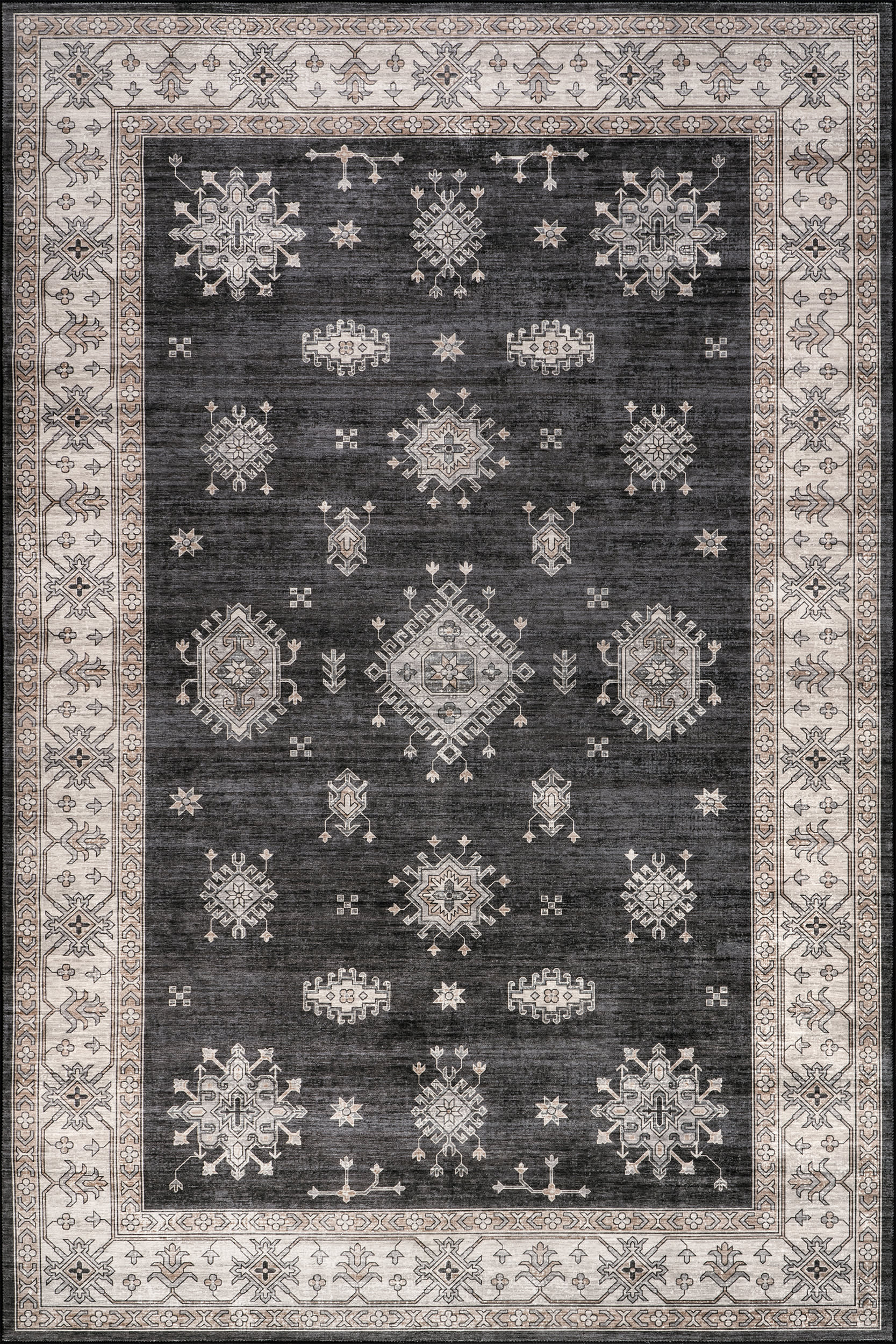 Isolated view of Charcoal Rectangle Andrea Bordered Spill Proof Washable Rug, showcasing its design