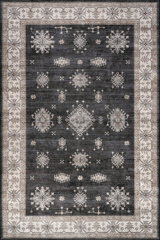 Isolated view of Charcoal Rectangle Andrea Bordered Spill Proof Washable Rug, showcasing its design
