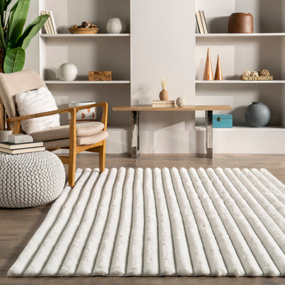 Kris Striped Plush Cloud Washable Rug in Off White