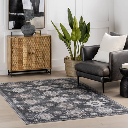 Brenda Hazy Heraldry Spill-Resistant Washable Rug | Dark Grey