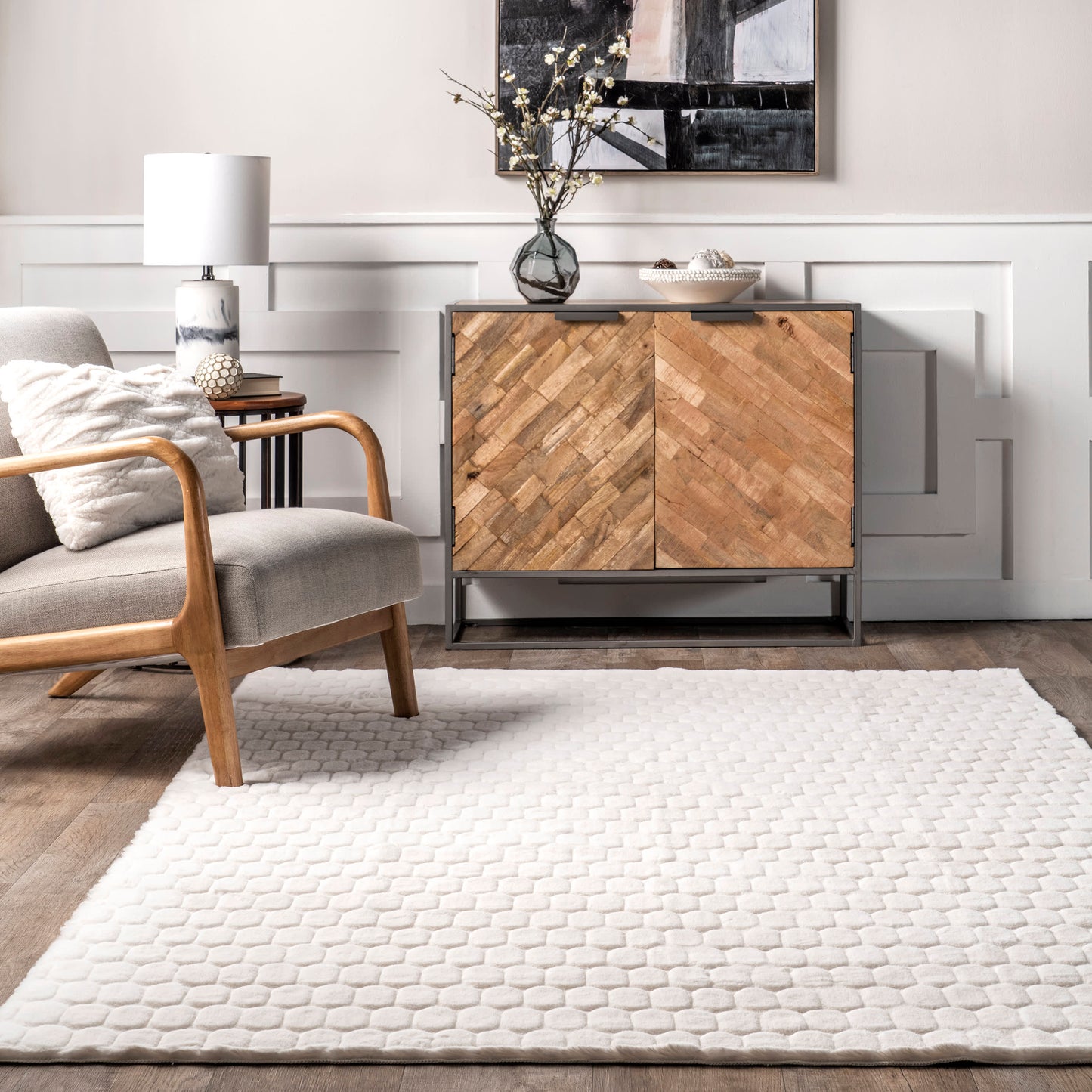 Milazia Honeycomb Plush Cloud Washable Rug in White