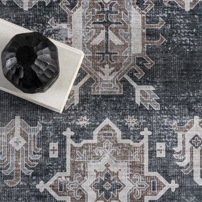 Brenda Hazy Heraldry Spill-Resistant Washable Rug | Dark Grey