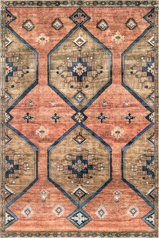 Isolated view of Rust Rectangle Katana Collage Washable Rug, showcasing its design