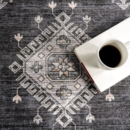 Andrea Bordered Stain Resistant Washable Rug in Charcoal