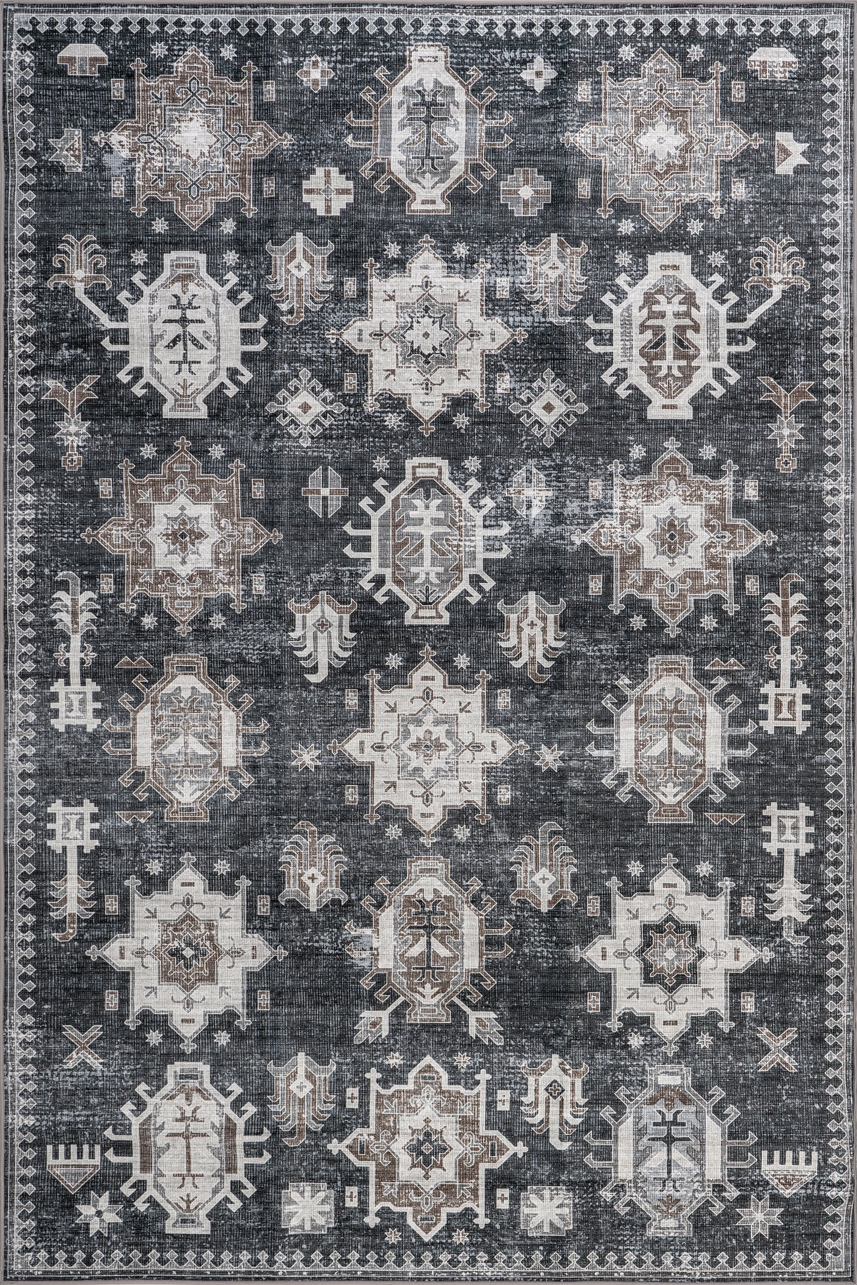 Isolated view of Dark Grey Rectangle Brenda Hazy Heraldry Spill Proof Washable Rug, showcasing its design