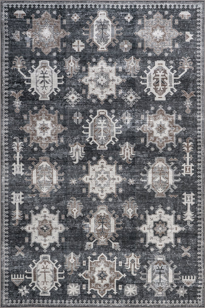 Isolated view of Dark Grey Rectangle Brenda Hazy Heraldry Spill Proof Washable Rug, showcasing its design