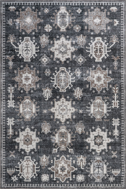 Isolated view of Dark Grey Rectangle Brenda Hazy Heraldry Spill Proof Washable Rug, showcasing its design
