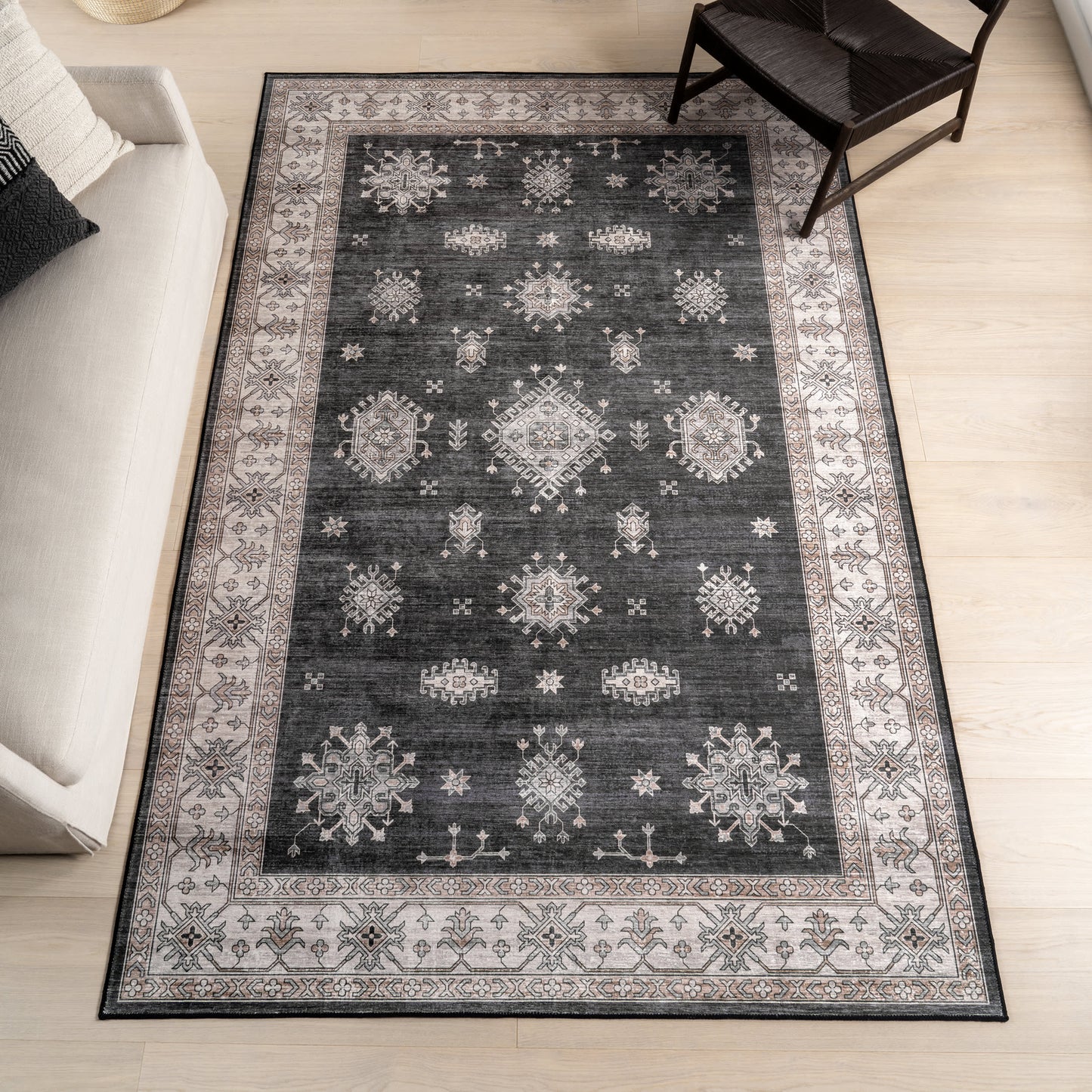Andrea Bordered Stain Resistant Washable Rug in Charcoal