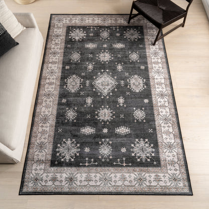Andrea Bordered Stain Resistant Washable Rug in Charcoal