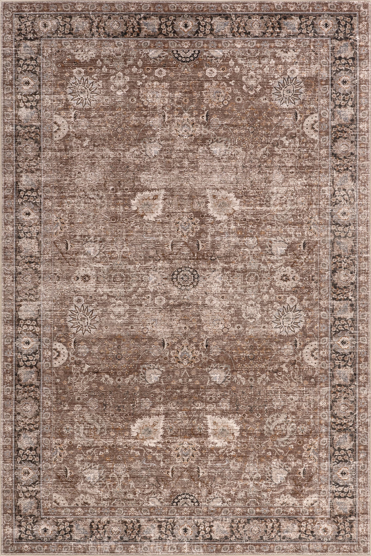 Isolated view of Brown Rectangle Bayberry Spill Proof Vintage Washable Rug, showcasing its design