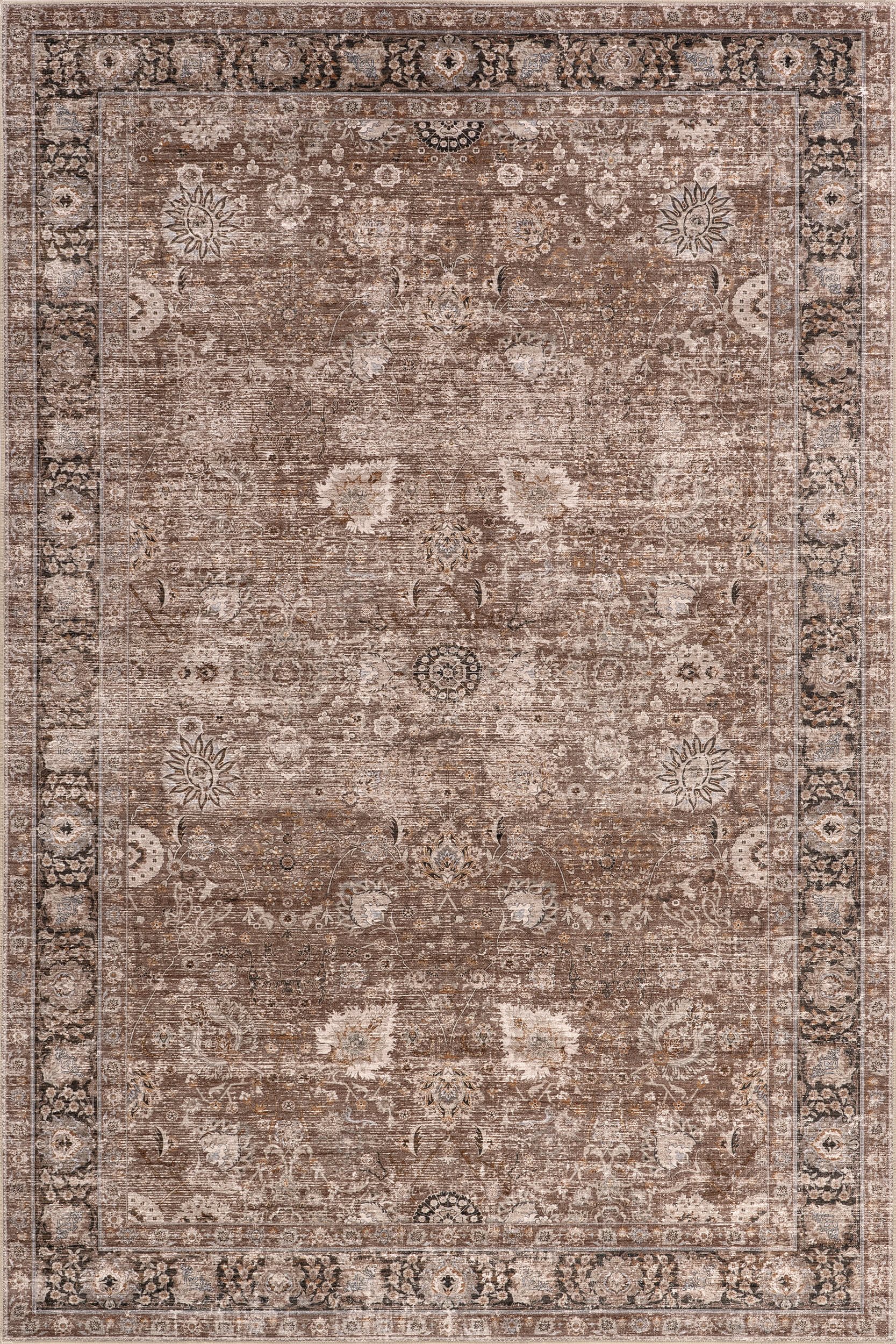 Isolated view of Brown Rectangle Bayberry Spill Proof Vintage Washable Rug, showcasing its design