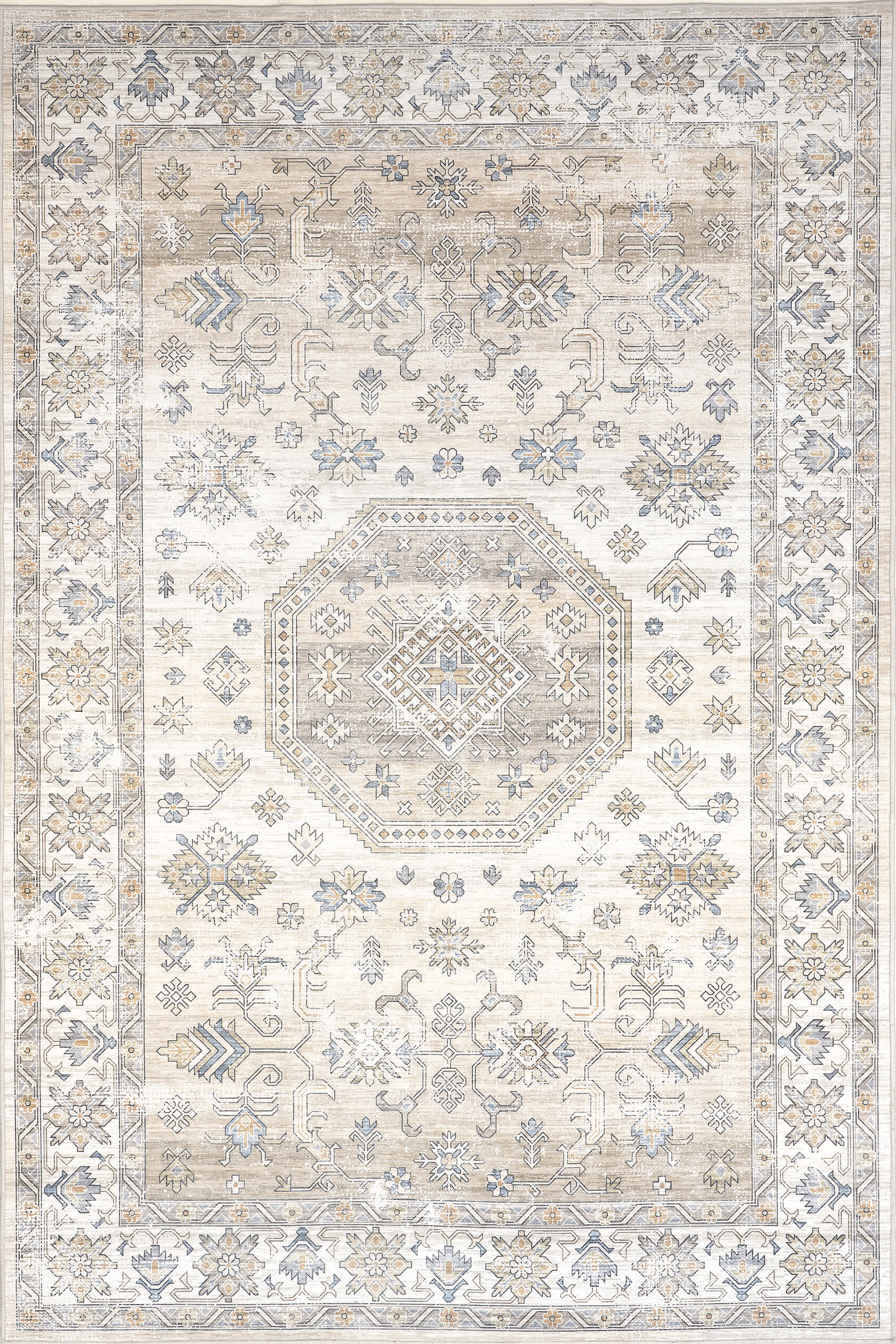 Isolated view of Beige Rectangle Timeless Charm Spill Proof Washable Rug, showcasing its design