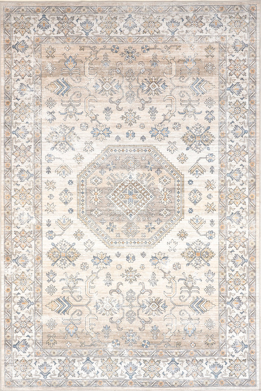 Isolated view of Beige Rectangle Timeless Charm Spill Proof Washable Rug, showcasing its design