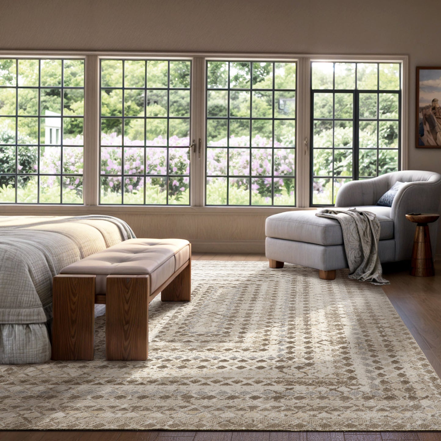 Emmy Beige Geometric Machine-Washable Rug
