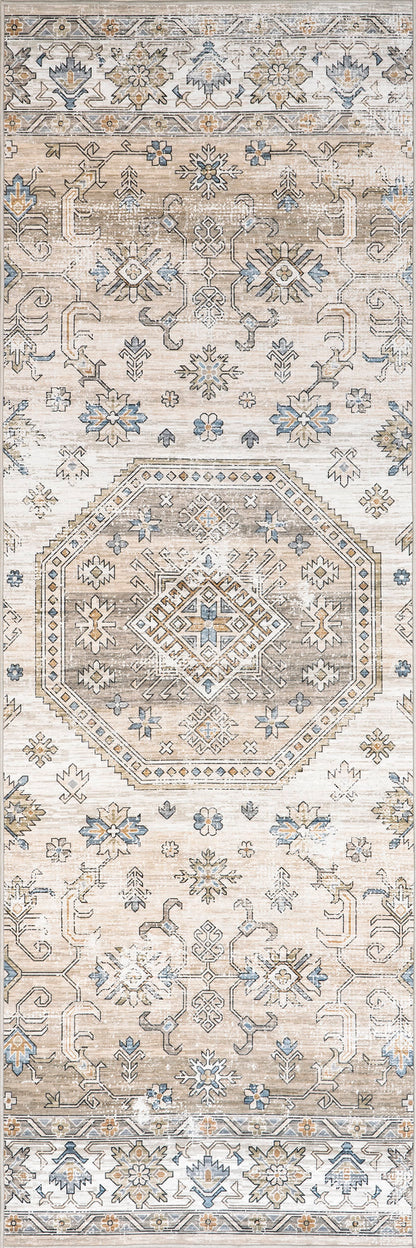 Isolated view of Beige Runner Timeless Charm Spill Proof Washable Rug, showcasing its design