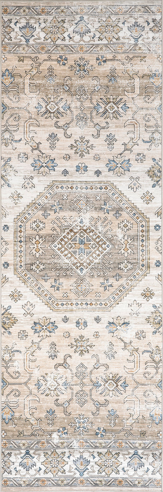 Isolated view of Beige Runner Timeless Charm Spill Proof Washable Rug, showcasing its design
